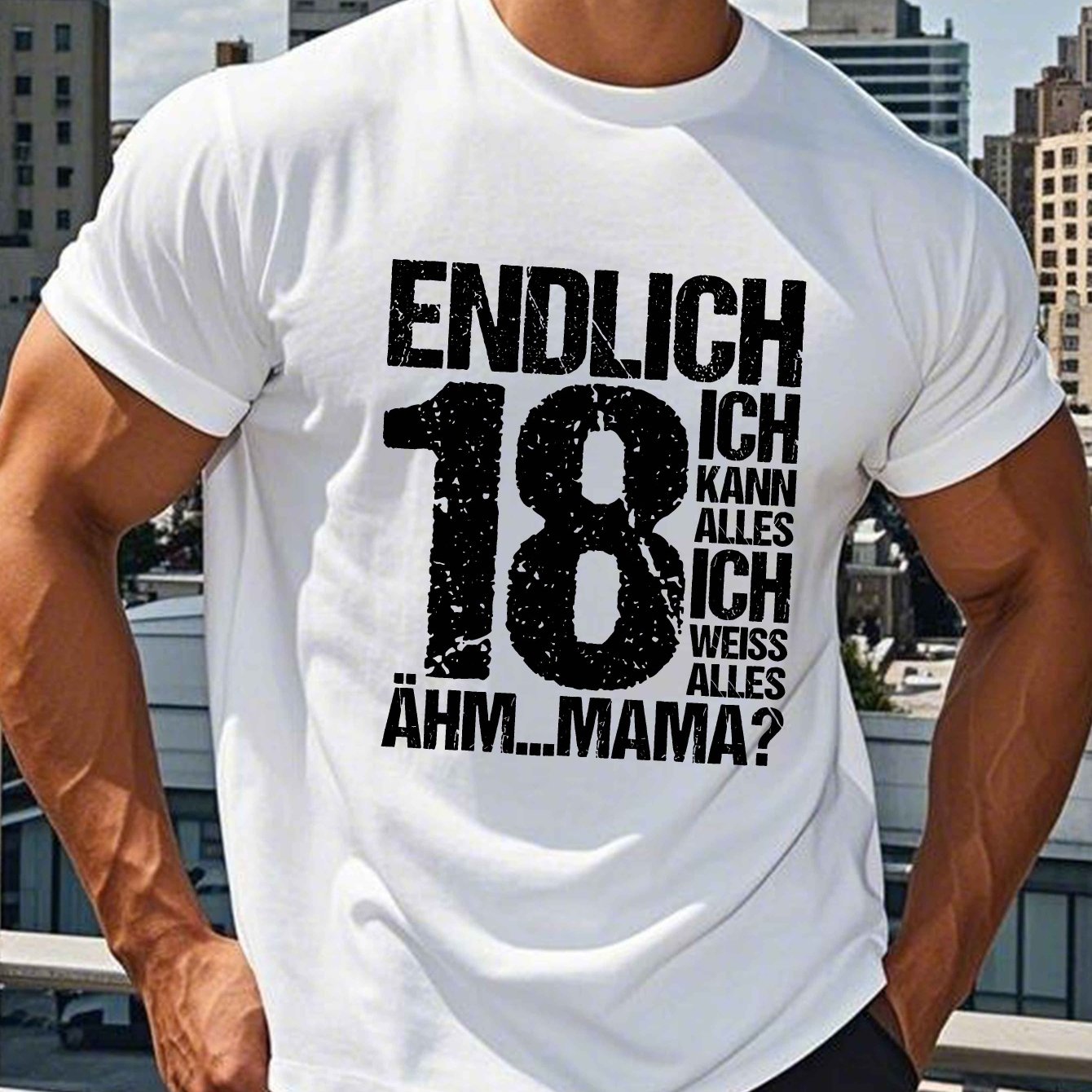 Men's 18th Birthday German-themed T-shirt - 18 Text Print Round Neck Casual Summer Top For 18-year- & Men, Coming-of-age Gift, Machine Washable Comfortable Wearable Number For Parties/casual Outfits