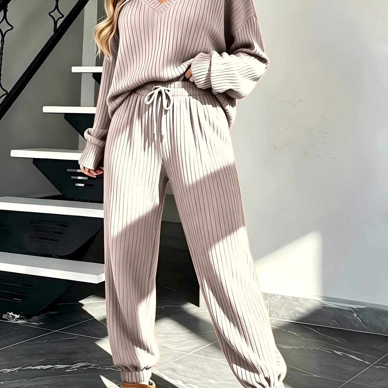 TEMU Ladies' Autumn And Winter Loungewear 2pcs Set, Autumn New Solid Color Top And Pants Set, Women's Ribbed Pajamas, V-neck Lazy Loose Wear,