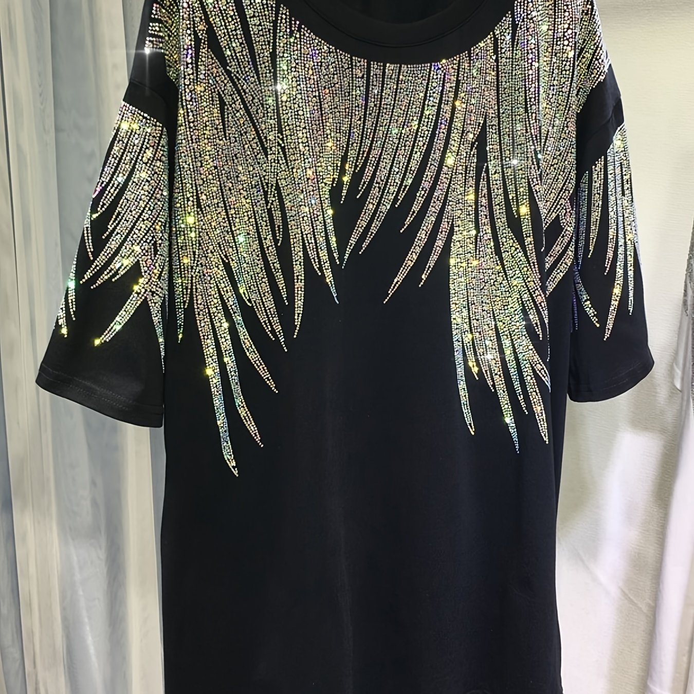 Image of Women' Rhinestone Graphic Tee - Oversized, Short Sleeve, Crew Neck In Black | Loose Fit For Casual & Party Wear | Polyester, Non-transparent With Geometric Pattern
