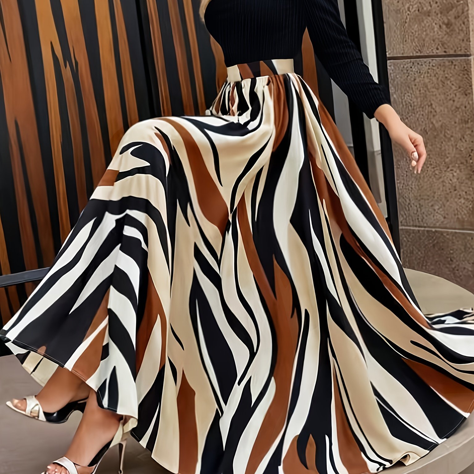 E-shop Europäisches Amerikanisches Mode-Rundhals-Print-Waist-Cinching-Kleid