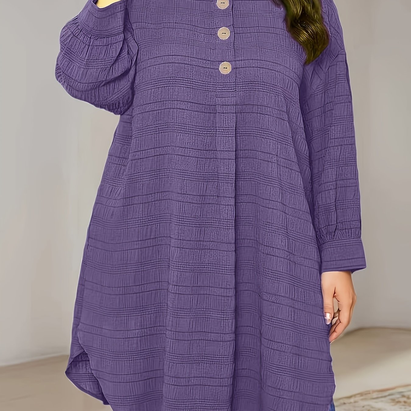 TEMU Plus Size, Plus-size Solid Color Button-up Casual Round Neck Long Sleeve Shirt
