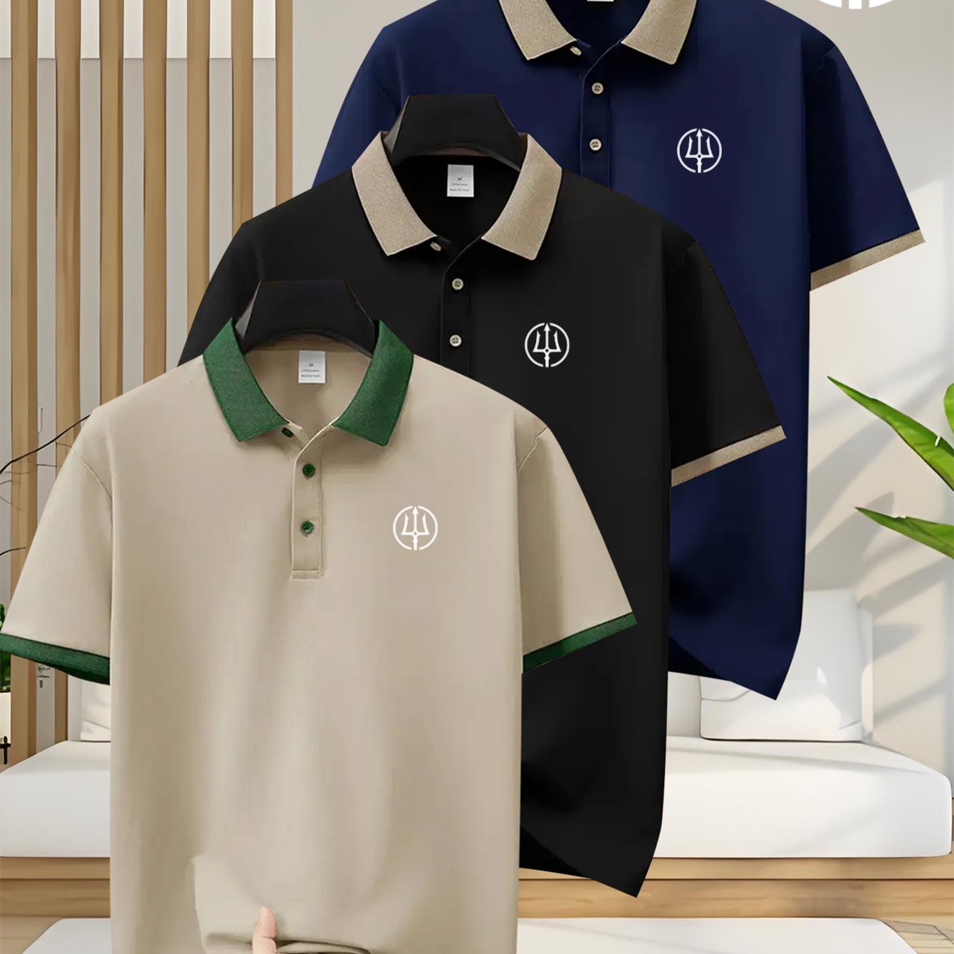 TEMU Pattern, A Stylish Three-piece Casual Shirt Set, Suitable For Outdoor Running, Fitness, And Golfing, Featuring A Short Sleeve, Collar, And
