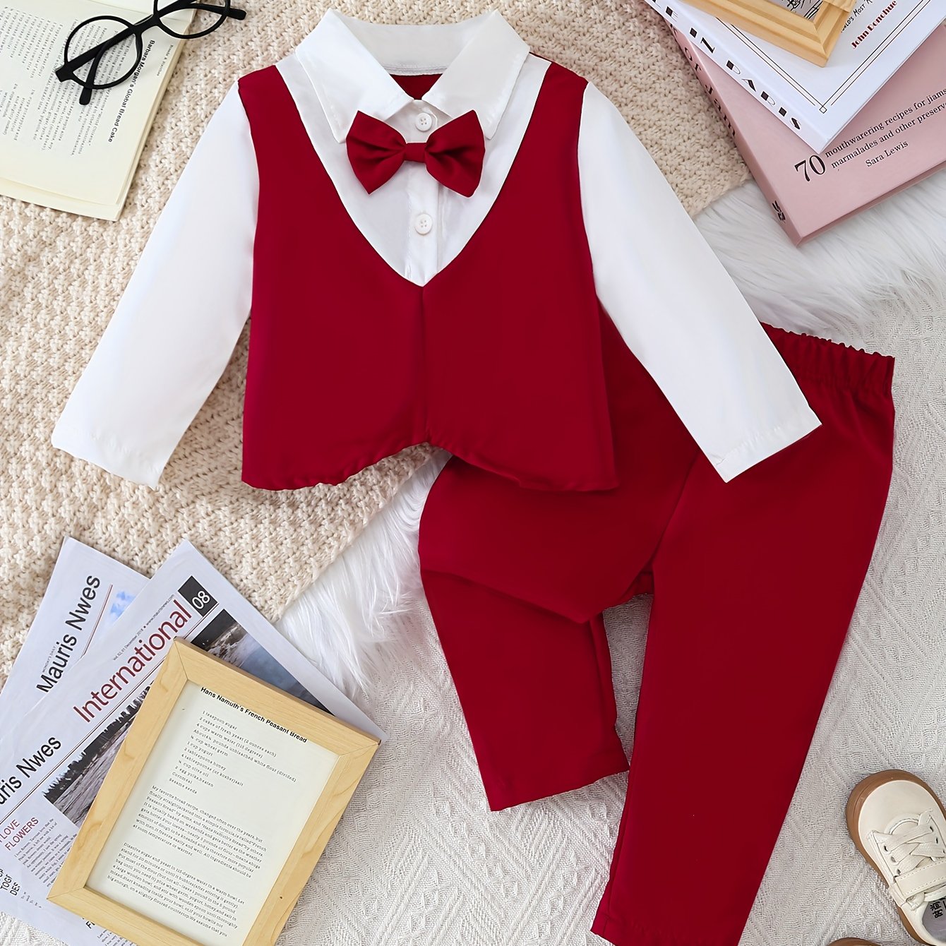 Boys' Wedding Bow Tie Shirt Long Sleeve + Trousers 2pcs Set, Perfect For Outdoor