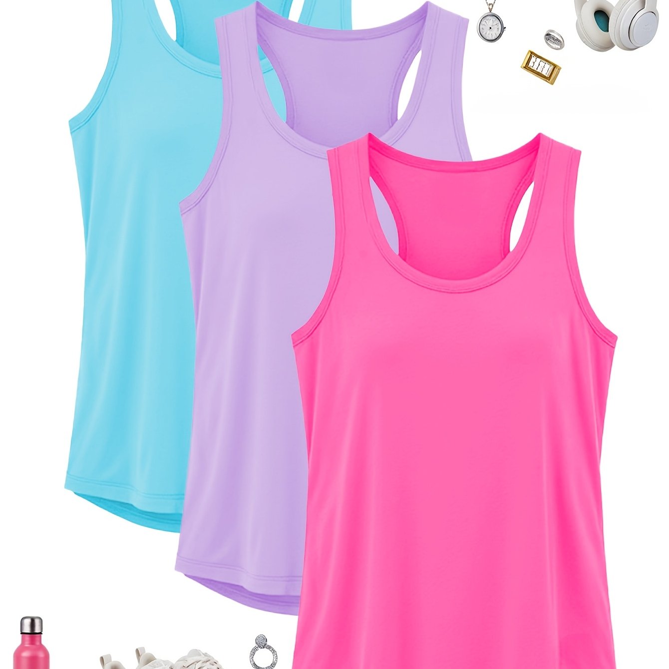 TEMU Plus Size Fashion Women' Color Round Neck 3pcs Set Vest