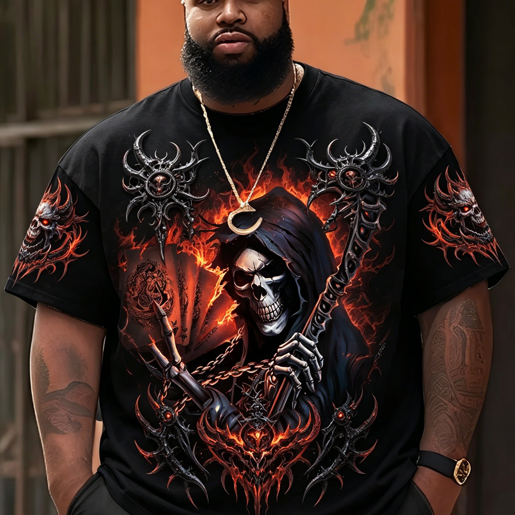 TEMU [printed Design â Not Textured]dark Reaper Plus Size Men's Short Sleeve T-shirt, Plus Size Loose Fit Round Neck Casual Summer