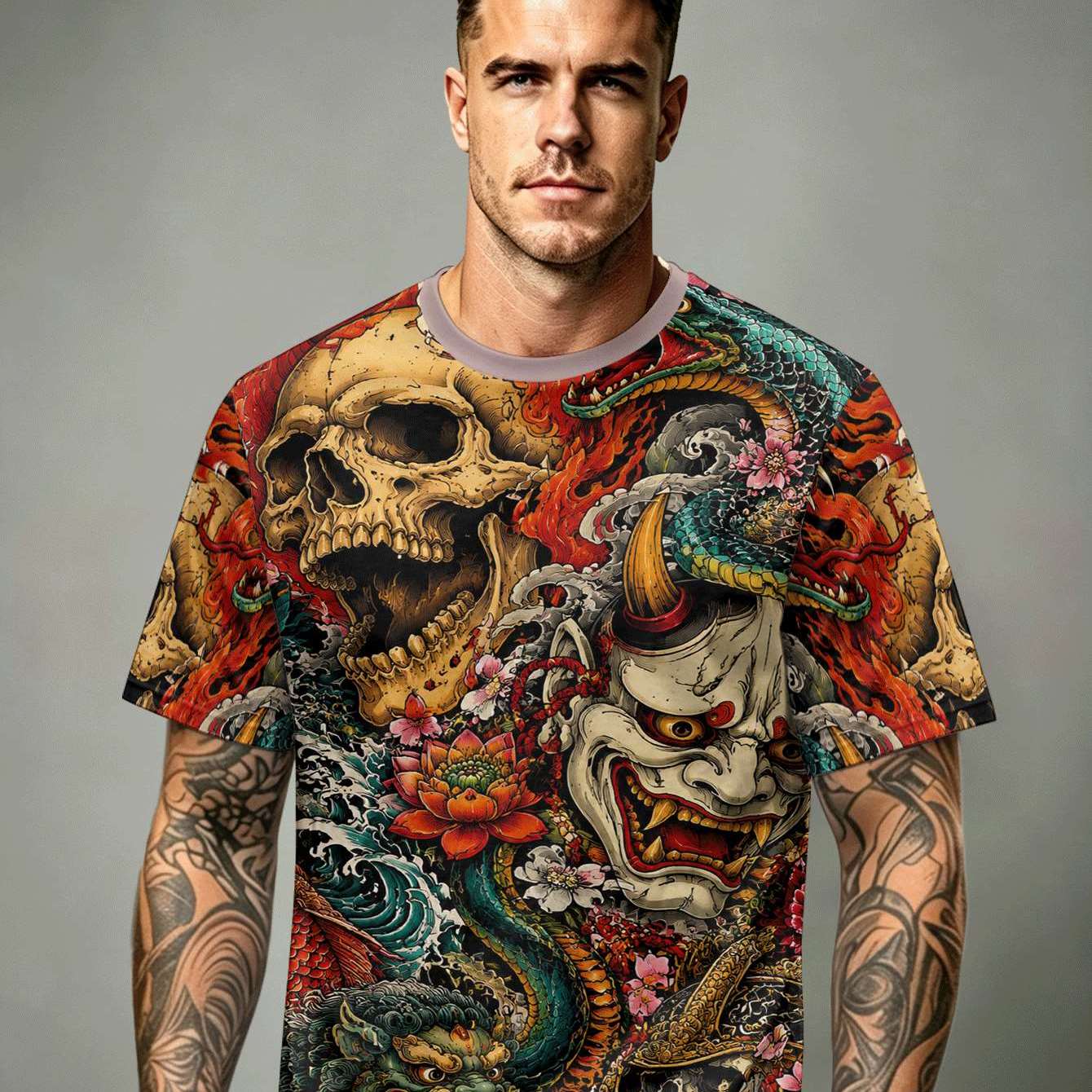 TEMU Japanese Hannya Skull 's Crew Neck T-shirt Streetwear Daily Casual Party High-quality Trendy Gothic Retro Cyberpunk Halloween Best Gift