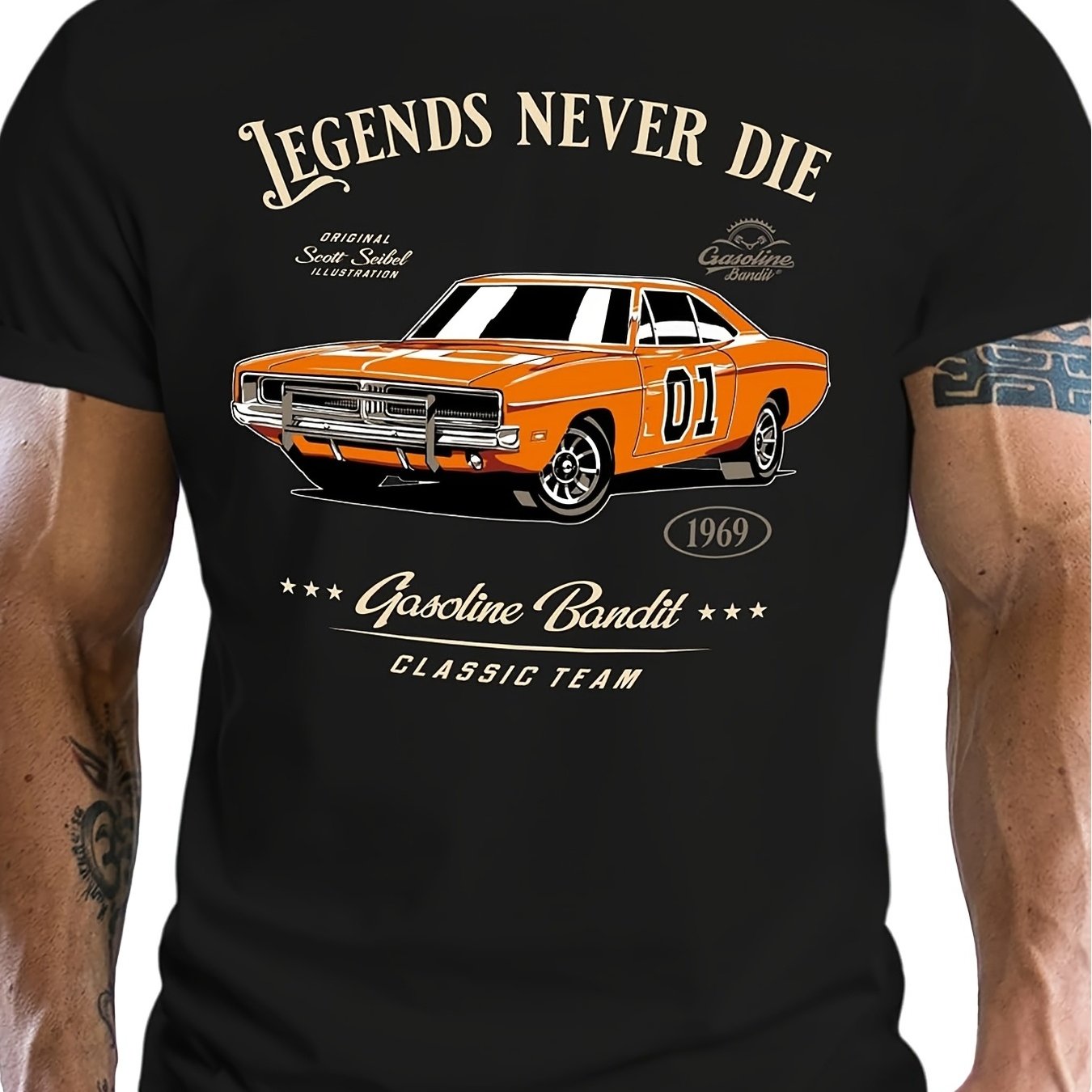 TEMU T-shirt S Charger - Vêtement pour de voitures anciennes avec col rond décontracté Charger pour fans de voitures anciennes, à toute l'année pour