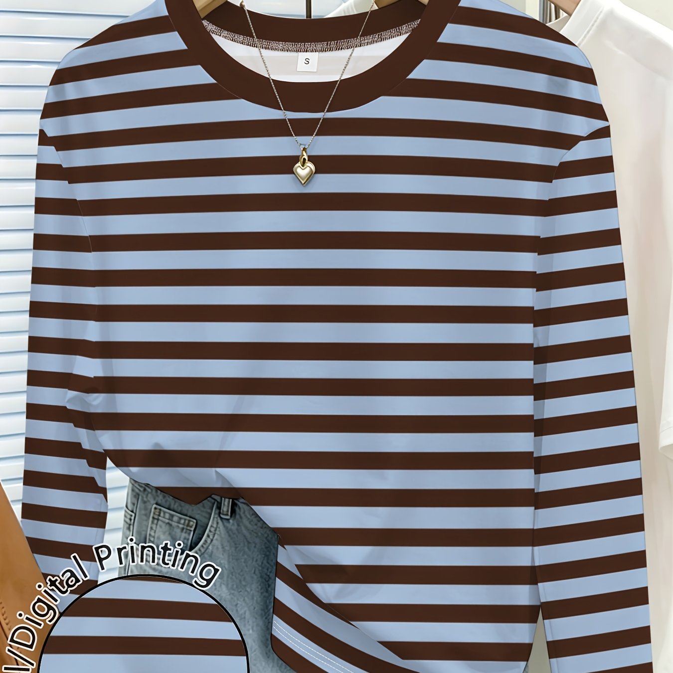 TEMU [printed Design-not Textured] Striped Women's Printed Round Neck Long Sleeve T-shirt