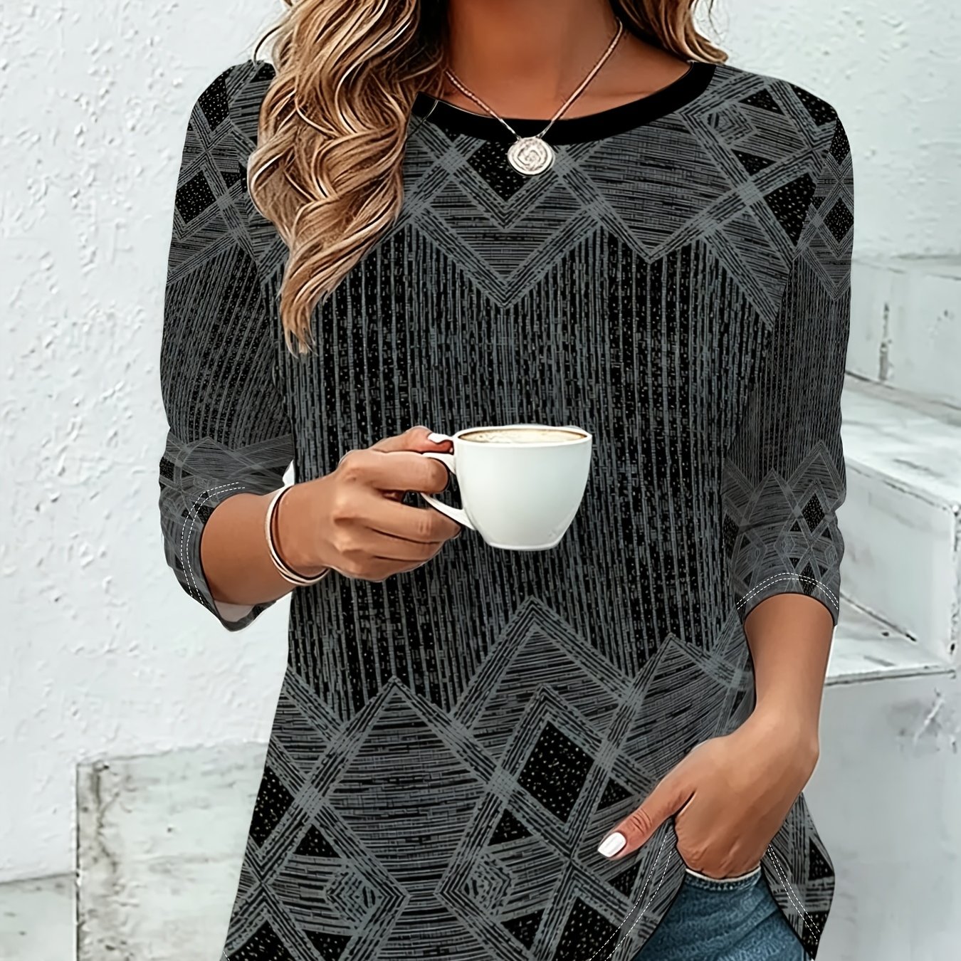 TEMU Women's Fashion T-shirt, Multicolor, , Fabric, Black And White Geometric Pattern, Texture, Repeating Diamond And Vertical Lines, Tile