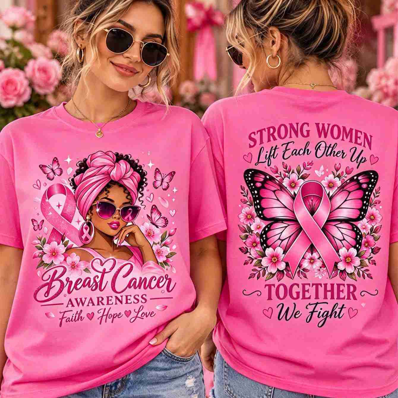 TEMU Women's Summer Casual Crew Neck Short Sleeve Graphic T-shirt Pink Ribbon Flower Print Breast Awareness Inspirational Daily Wear