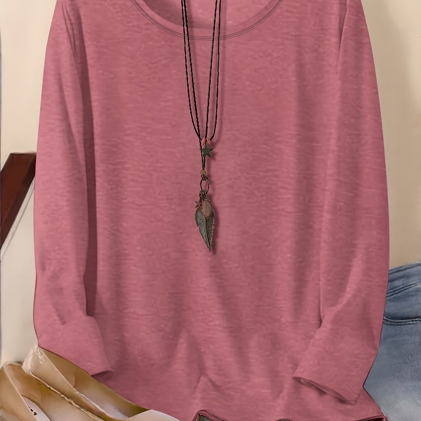 TEMU Plus Size, Plus-size Women's Clothing, Casual Round-neck Long-sleeve T-shirt, Solid Color, Fabric, Regular Style, Lightweight And Soft Material,