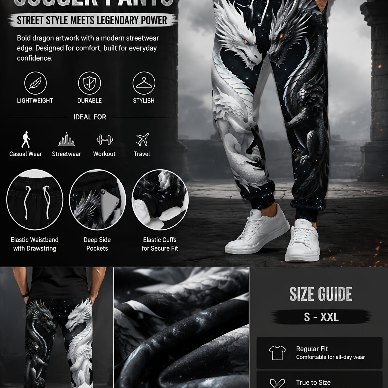TEMU Men's Trendy Double Dragon Print Sweatpants Loose Sports Trousers Casual Versatile Starry Sky Pattern Pants