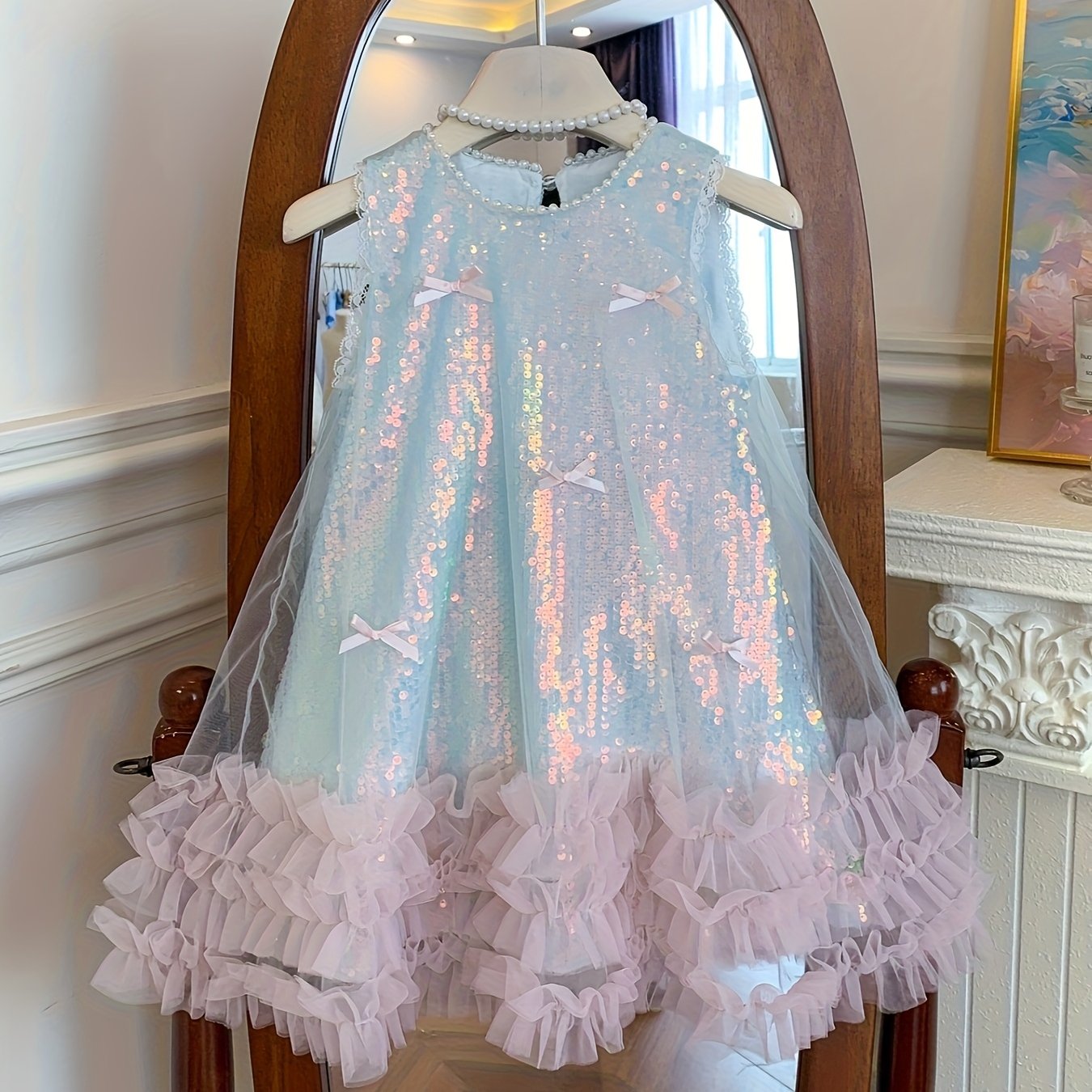 Girls' Shimmering Sequin Dress, Summer Tank Gown, High-end Princess Outfit, Lace-trimmed Dress For Girls