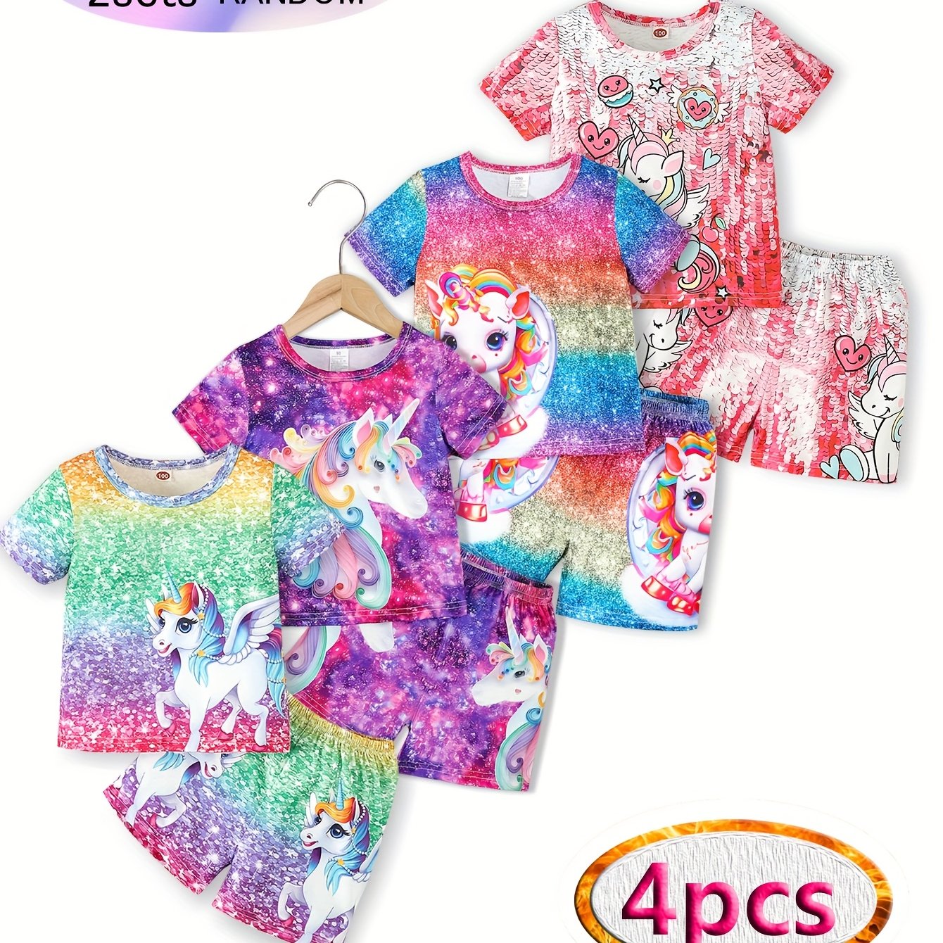 Image of Girls' Outfits 4pcs Set (random 2 Sets Of Patterns, Total 4pcss), 3d Unicorn Print. Hand-cut, Suitable As A Gift For Children, For Outdoor