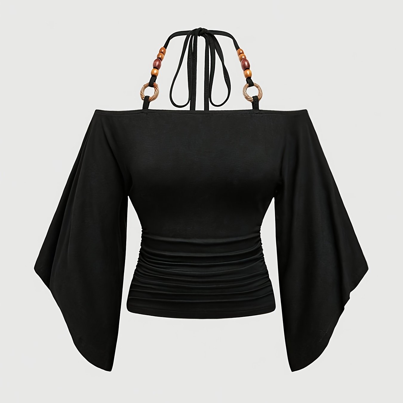 Vintage Oversized Off-shoulder Wooden Bead Embellished Ruffle Sleeve Women's T-shirt