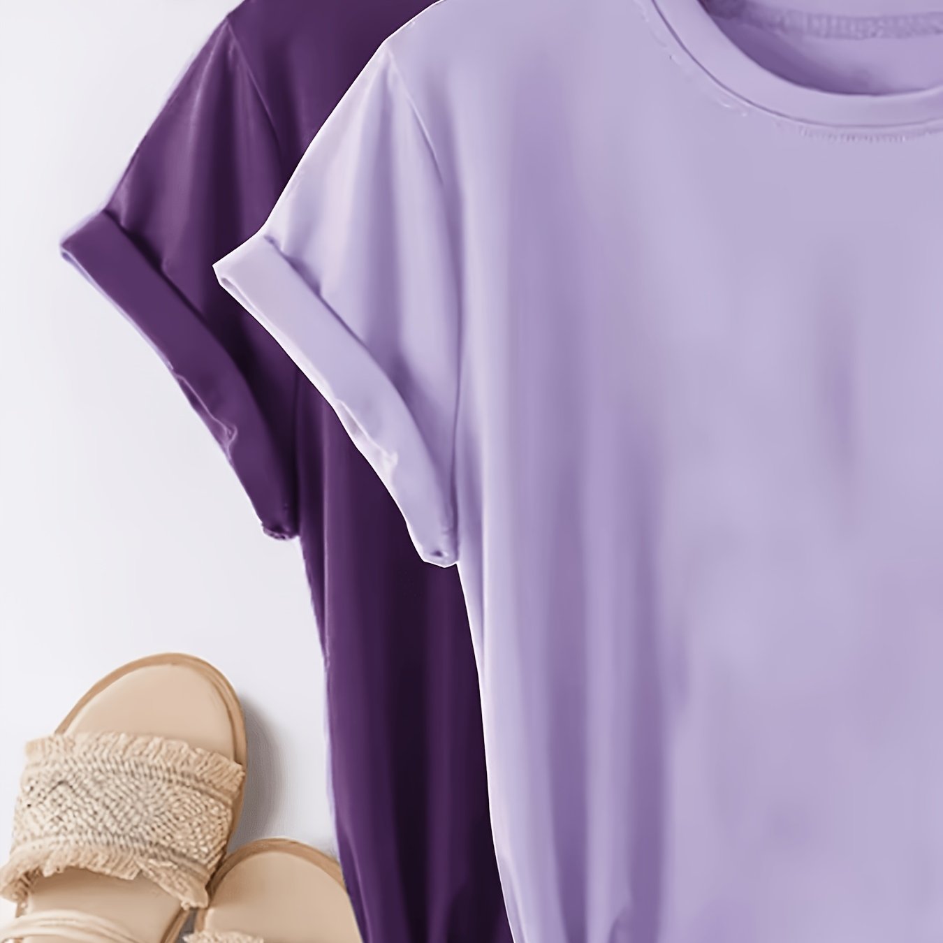 TEMU Solid Color Two-piece T-shirt - Purple - Dark Purple - Spring And Summer - Soft And Casual Round Neck Short Sleeve Women's Top - Essential Item