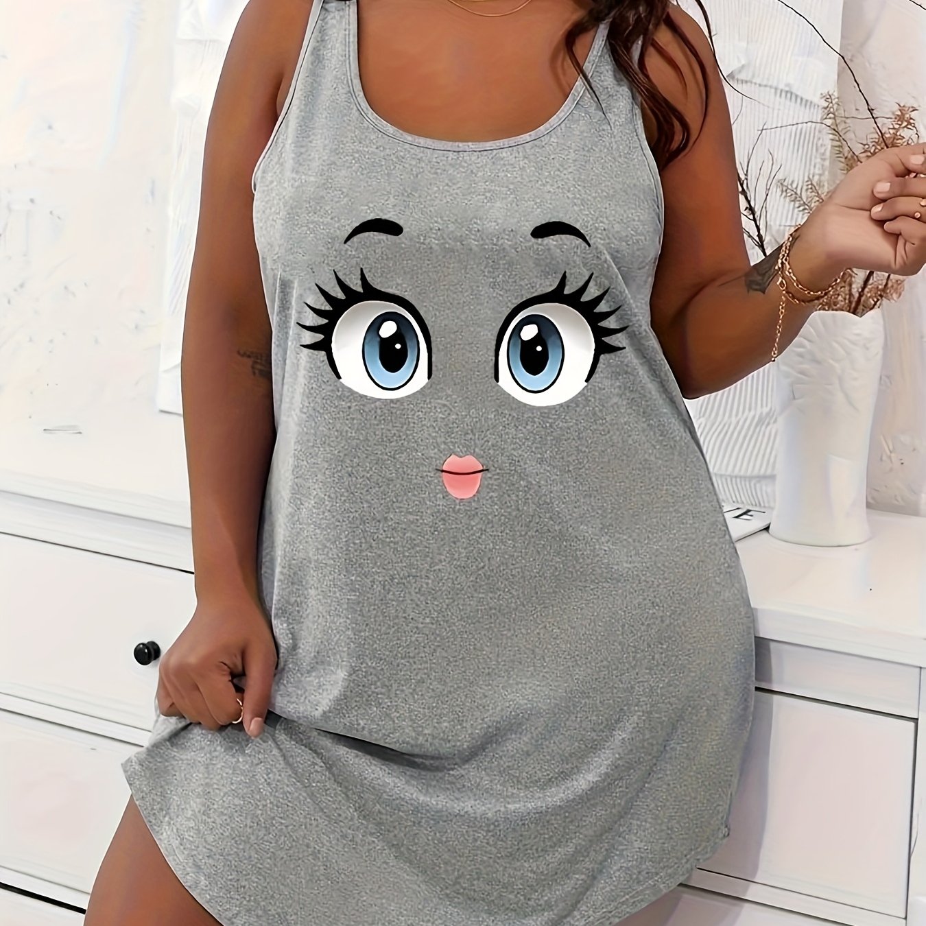 TEMU Women's Casual Sleepwear, Featuring A Round Neck Tank Dress With A Print And Curved Hem, Perfect For And Wear