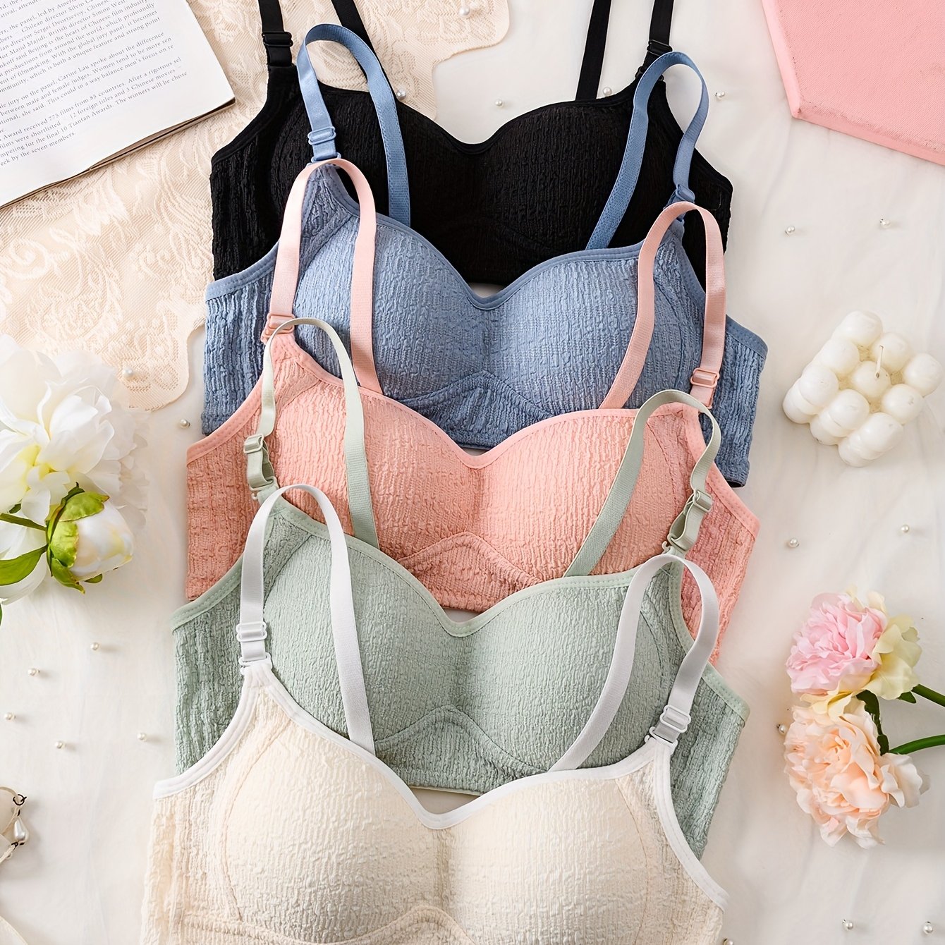 5pcs Girls' Teen Training Bras - Wire-free Full-cup Underwear With Adjustable Strap, Soft Breast Forms Suitable For 12-15 Years, Non-removable Pads, Hand Washable For Breast Development & Daily Wear