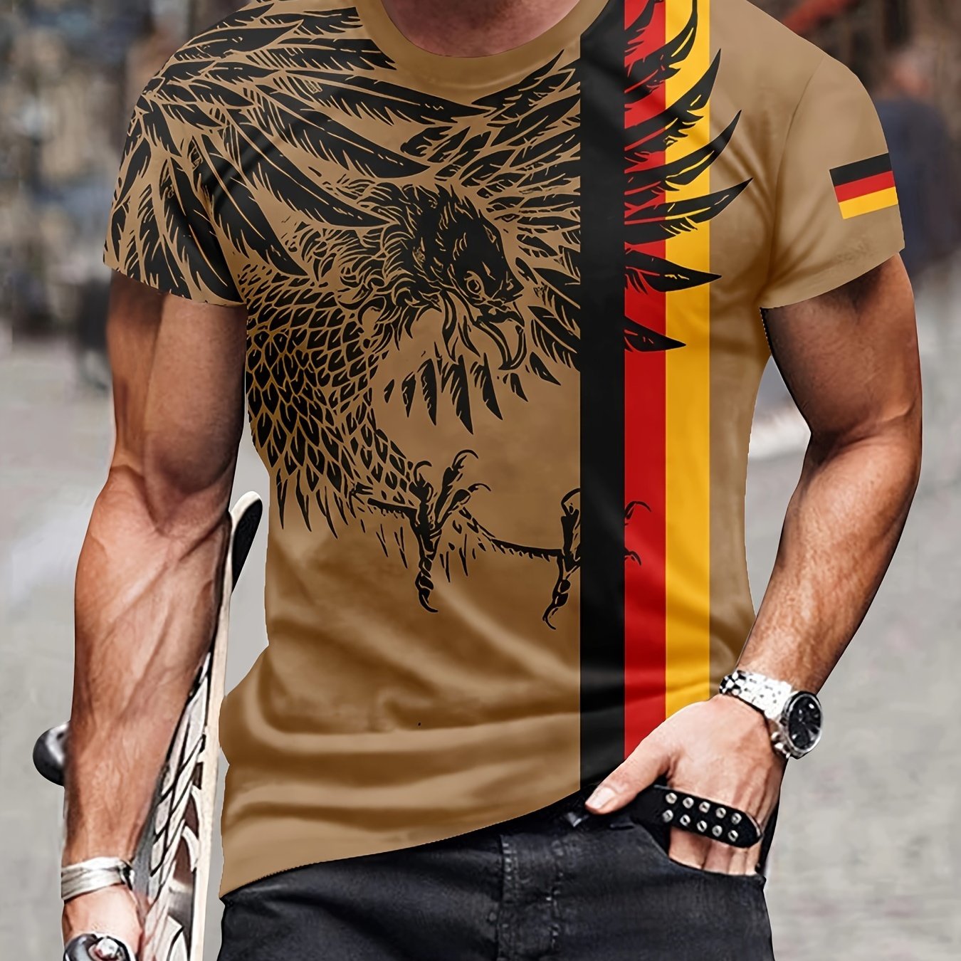 TEMU Men's Bohemian Style Eagle Print T-shirt | Short Sleeve Round Neck Casual Top With Realistic , Comfortable, Ideal For Spring And Autumn, Outdoor