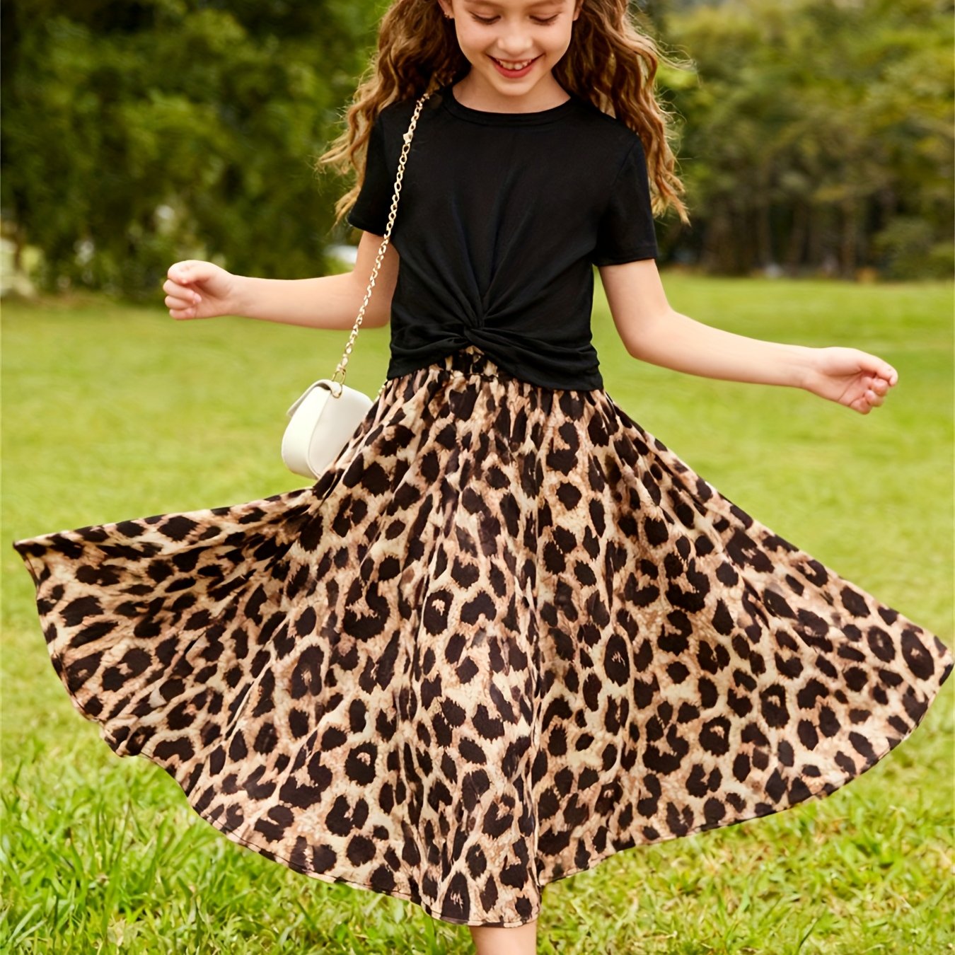 Image of Girls' Casual Short Sleeve Round Neck T-shirt And Elegant Leopard Print Long Dress 2pcs Set