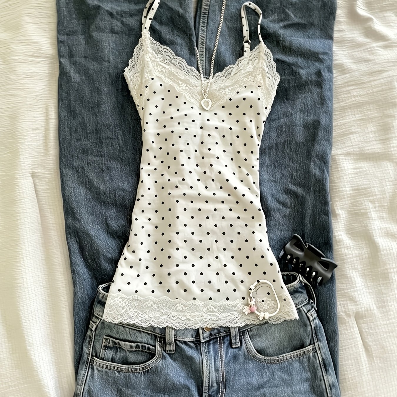 TEMU Women's Summer Casual Sexy Lace Polka Dot Print Y2k Style Slim Fit Camisole