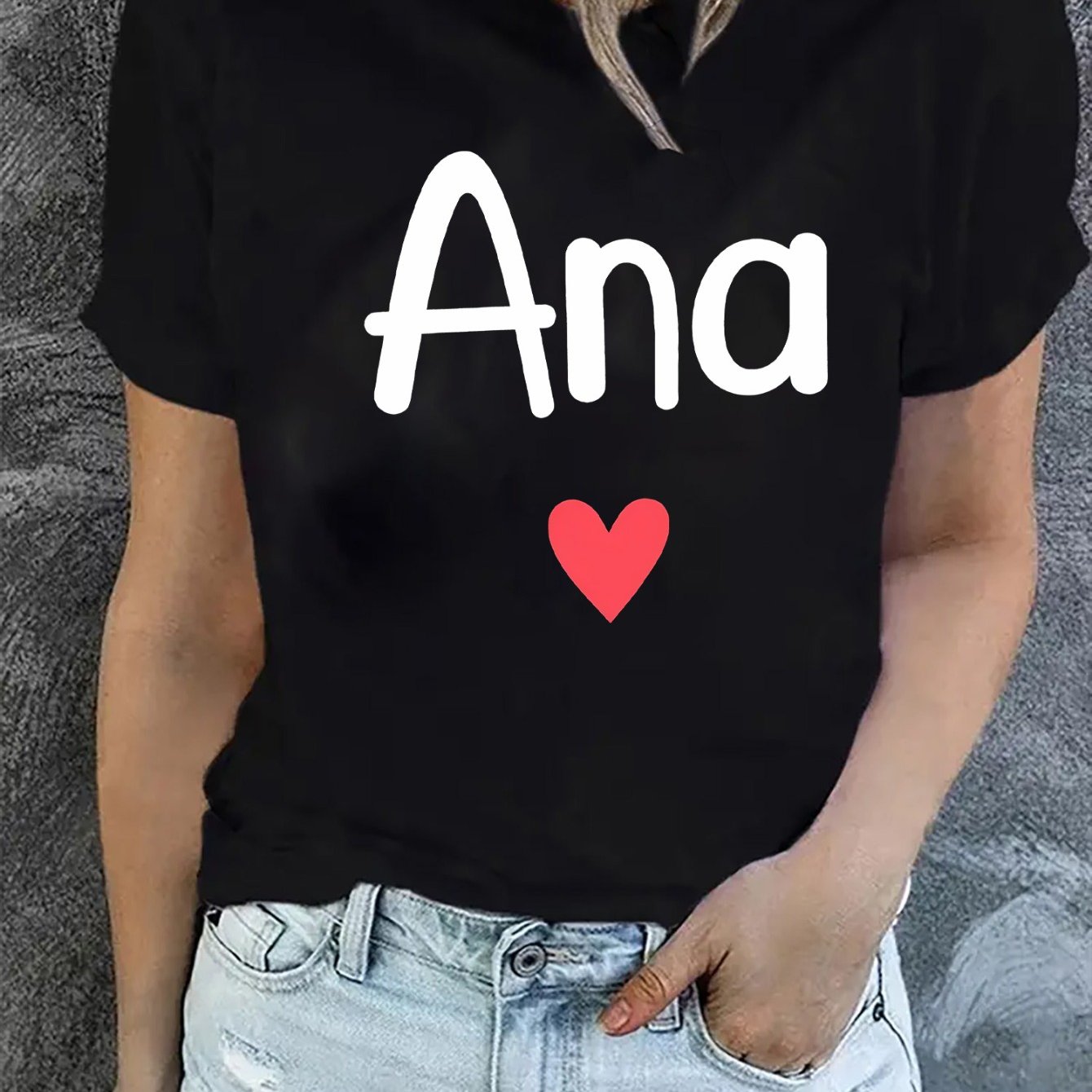 TEMU Women's Casual Sport Short Sleeve T-shirt, Polyester Only, Base With Ana Text Red Heart Graphic, Slim Fit, Comfortable Wear, Ideal For
