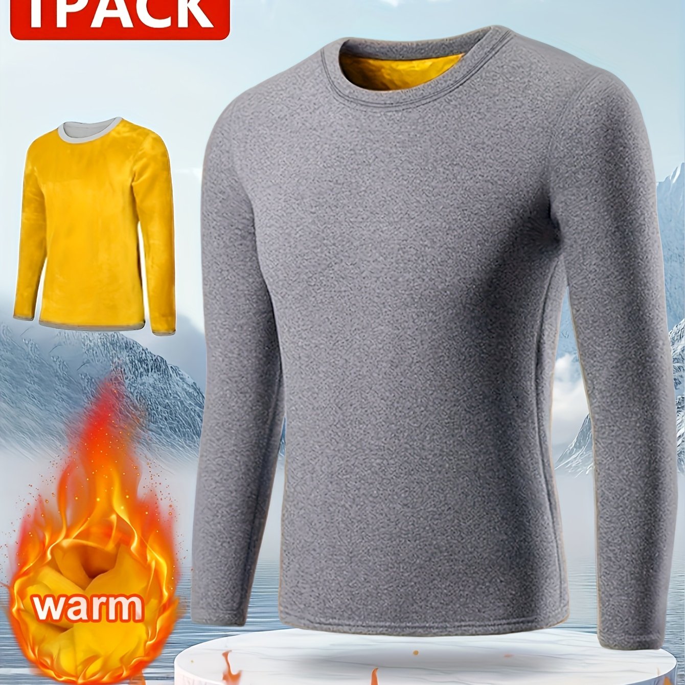 Image of Men's Winter Warm Top Golden Fleece Slim Underwear, Men's Casual Round Neck Men's Outdoor Wear Base Layer