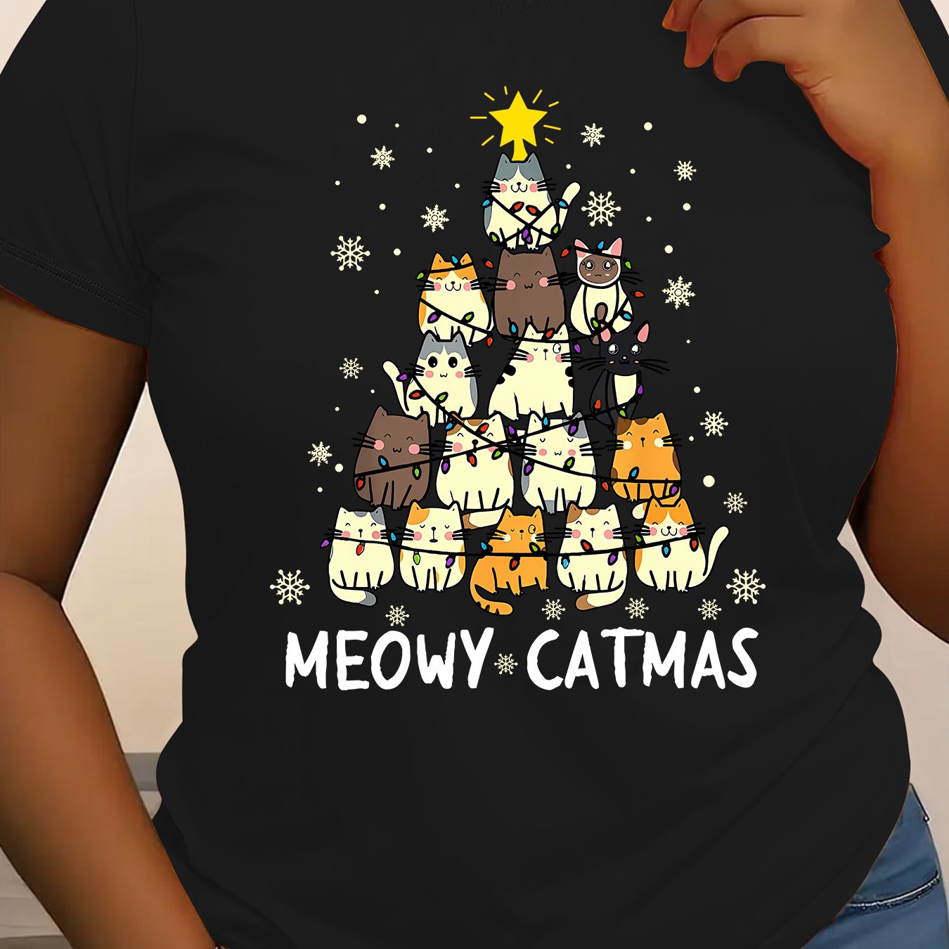 TEMU Creative Christmas Catmas Letter Print T-shirt, Short-sleeve Round Neck Casual Top For Spring And Summer, Women's Clothing