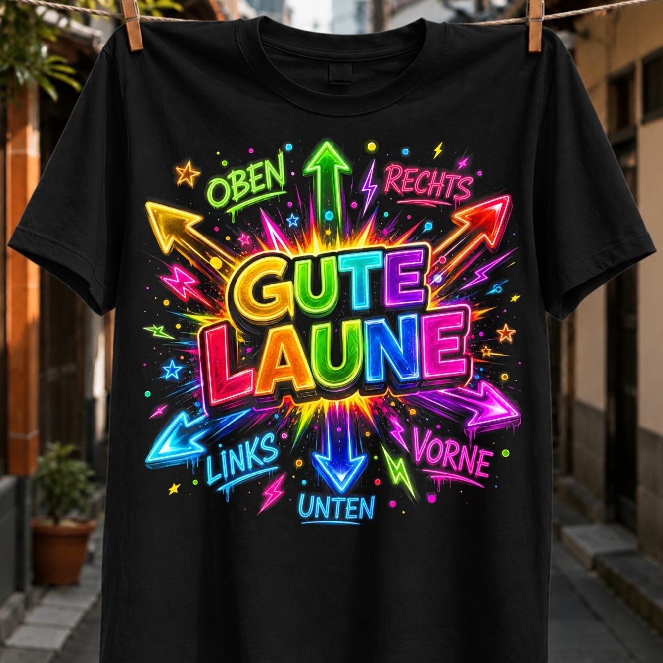 TEMU Neon-Schriftzug mit Pfeilen für Oben Rechts Links Vorne Unten, heller Party-- Leucht-Stil, Unisex-Allzweck-T-Shirt