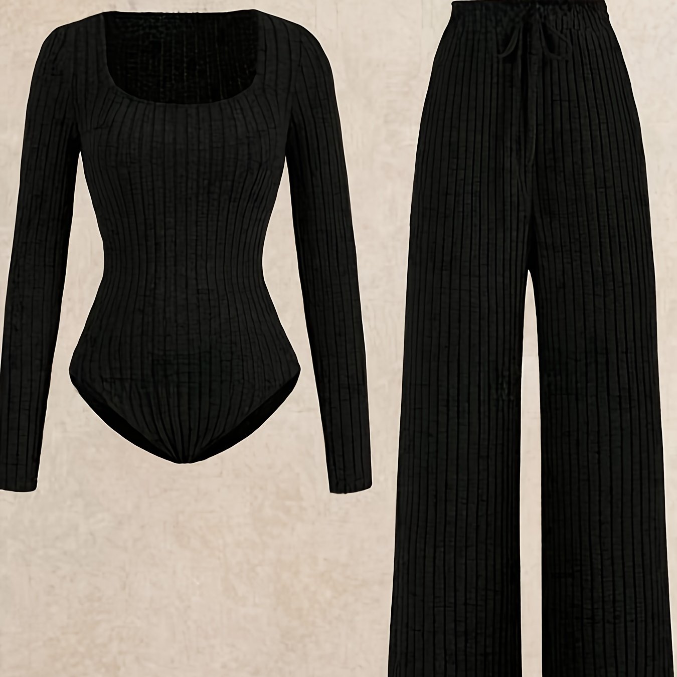 Elegant Directional Ribbed Bodysuit And Pants Set, Long-sleeve Bodysuit With Wide-leg Pants