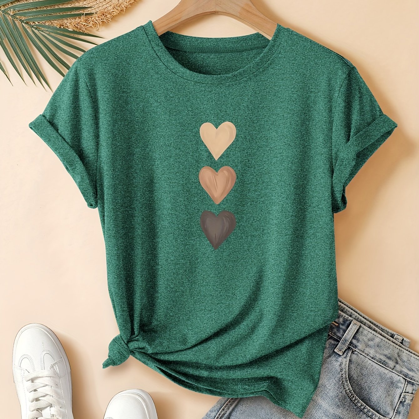 TEMU 3pcs Heart Print Fashion Retro Style Women's Summer Casual Sport Round Neck Short Sleeve T-shirt