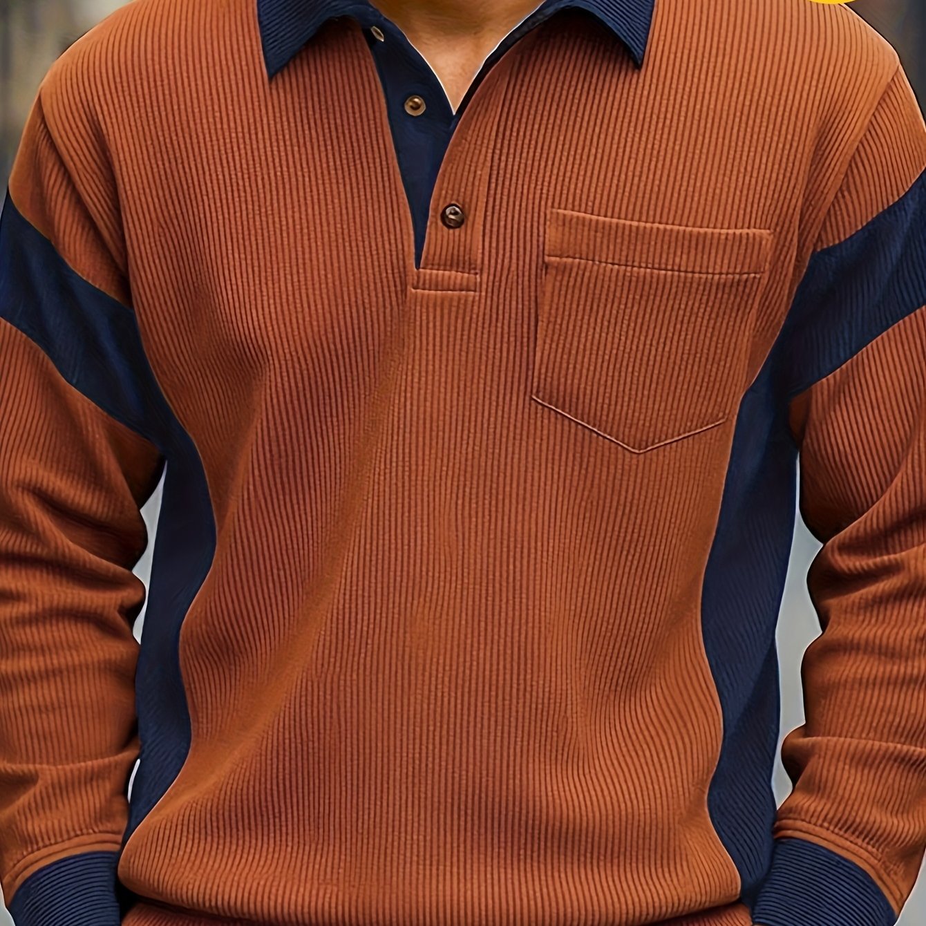 Men's Fashion Men's Clothing Tops Autumn And Winter Casual Texture Corduroy Fabric Contrast Color Single-breasted Long-sleeved Men's Henley Shirt