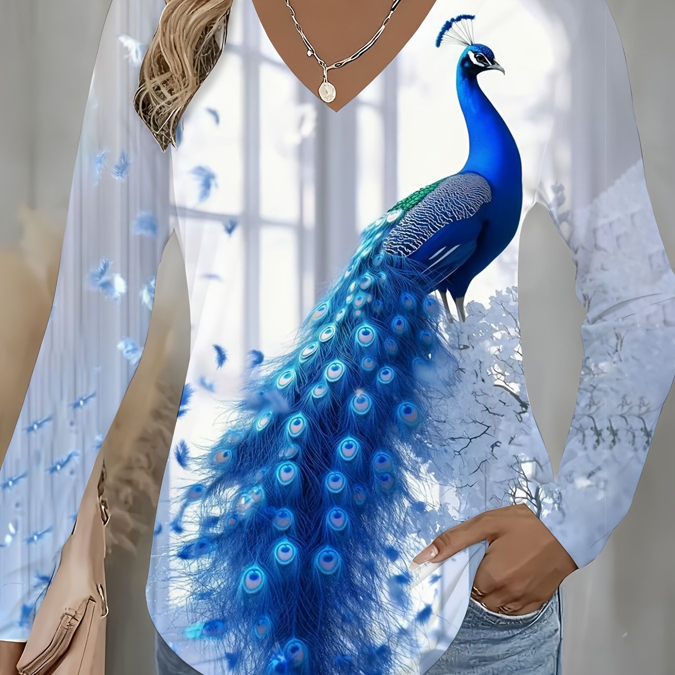 Image of Full Print -neck Long Sleeve T-shirt| Elegant Long Sleeve V-neck T-shirt With Design, Suitable For Daily Wear, Autumn, Christmas, New Year, Year Of The Horse Gift, Perfect For Family