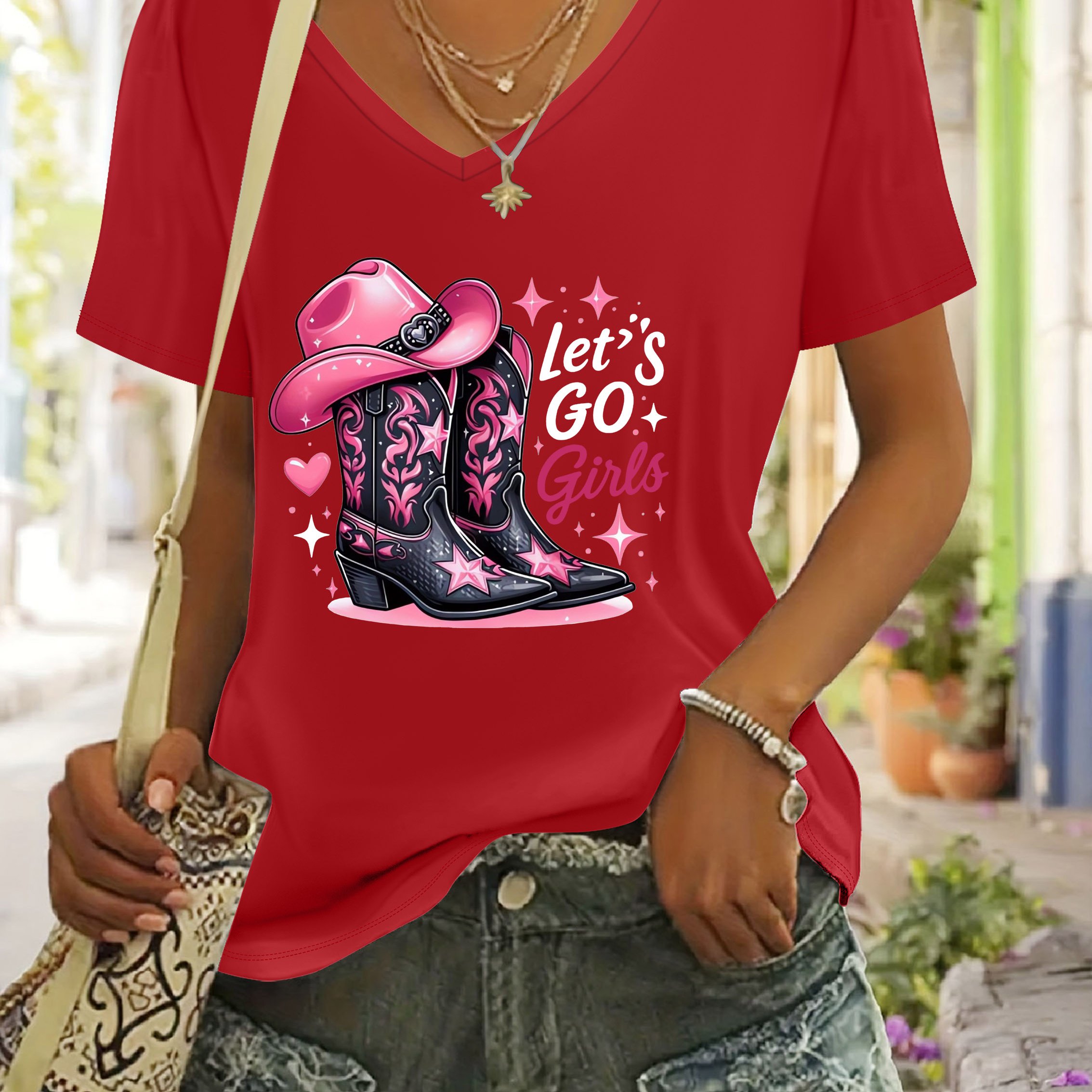TEMU Women's Spring Summer Fashion Casual Short Sleeve V-neck T-shirt, Pink Western Style Cowboy Boots Print Pattern, Home And Travel Comfortable