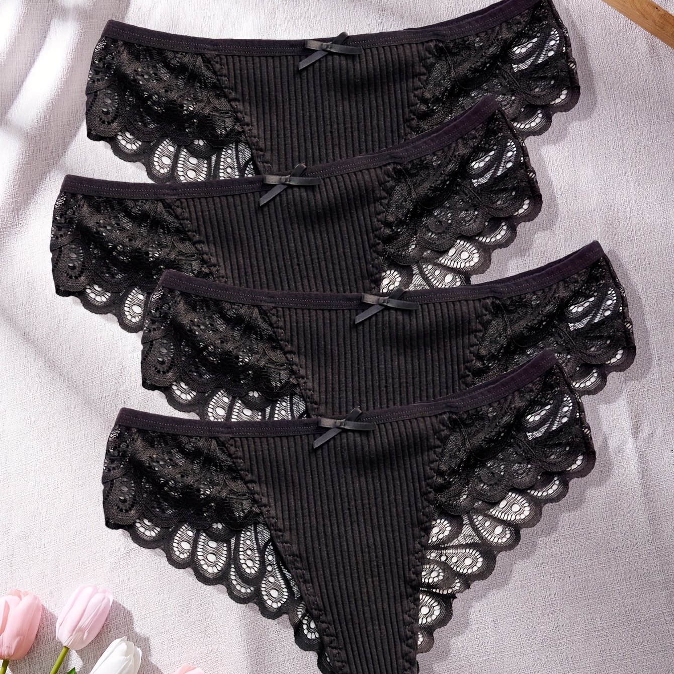 Set Of 4 Women's Plus-size Featuring Casual Lace Details And A Low-rise Thong Design