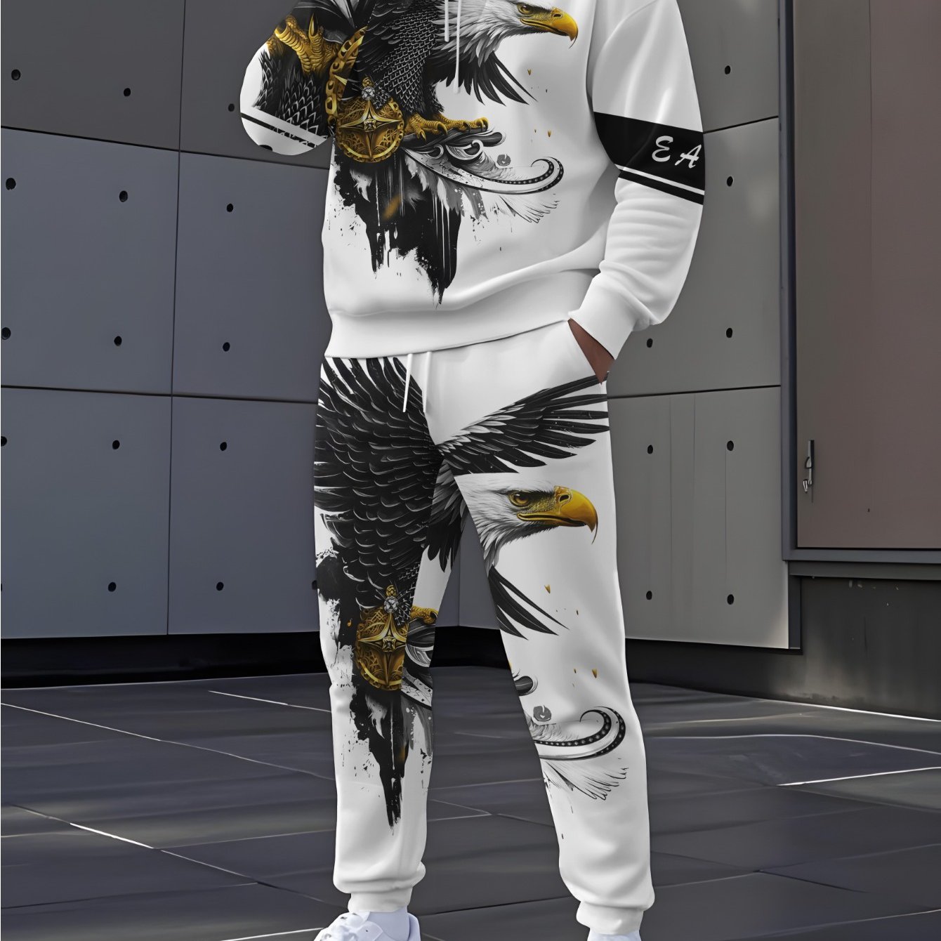 TEMU Men's Trendy Hoodie And Long Pants Two-piece Set Featuring A Unique Eagle Print Design. A Stylish And Casual Sports Outfit , Made From