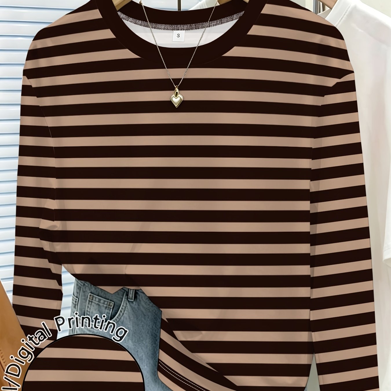 TEMU Striped Women's Printed Crew Neck Long Sleeve T-shirt