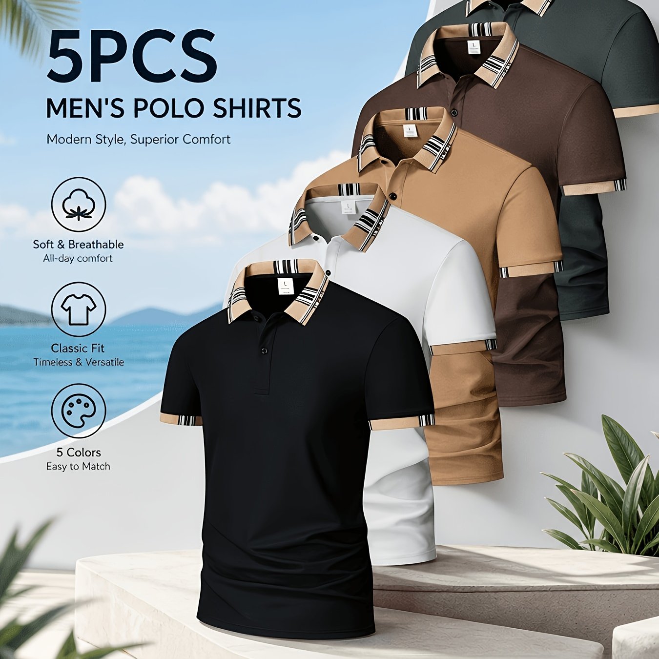 TEMU Men's 5pcs Solid Color Shirt Set - Golf Casual Wear Short Sleeve With Collar, Perfect For Summer Casual Outdoor Activities, Comfortable And