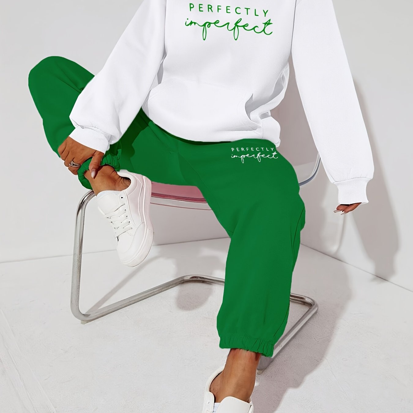 Women's Fashion Loose Swear Set, Color-block Loose Hooded Set, Perfectly Letter Contrast Drawstring 2pcs Set, Casual, Trendy, Street Style