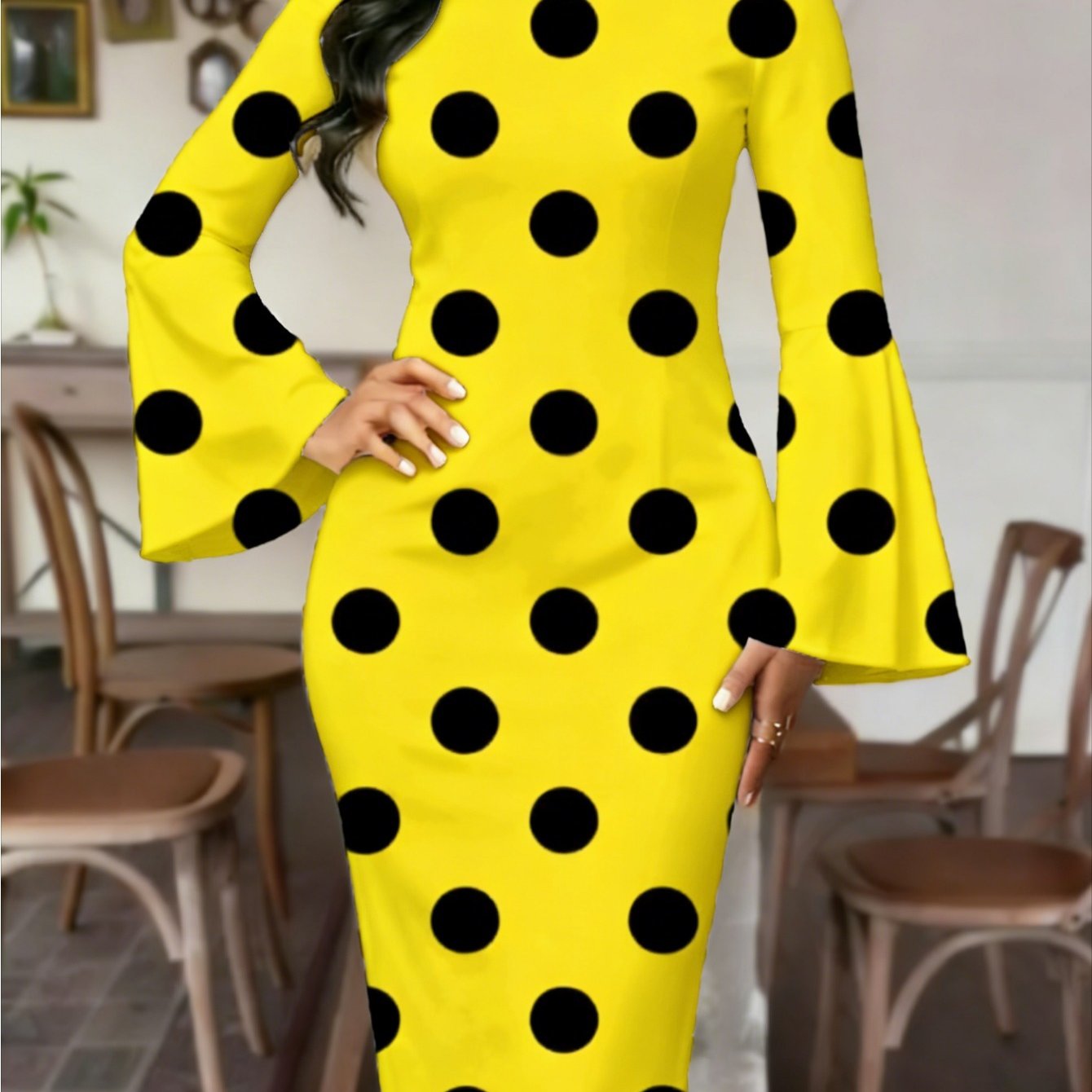 Plus Size, Large Size Elegant Polka Dot Dress - Slim-fitting Medium And Long Flared Sleeve Crew Neck Pencil Skirt, Waist Suitable For Parties, Dinners And