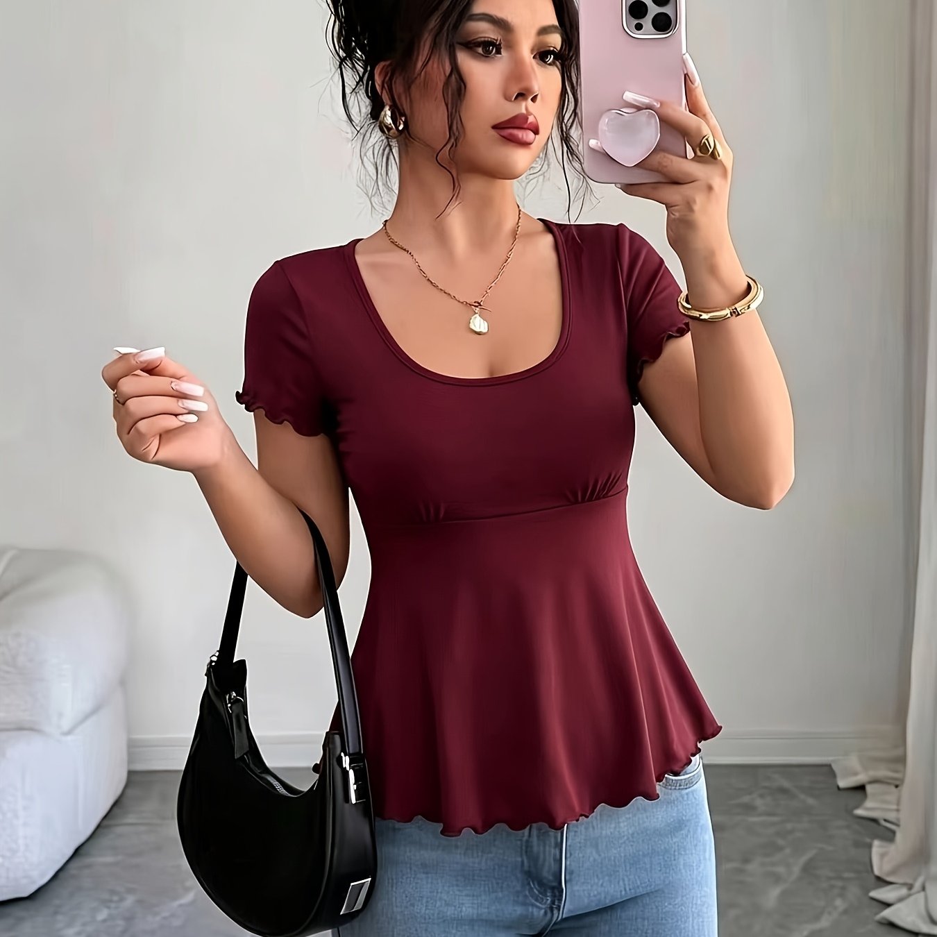 TEMU Ruffle Round Neck Short Sleeve Top | Elegant Solid Color, Suitable For Spring/summer/fall