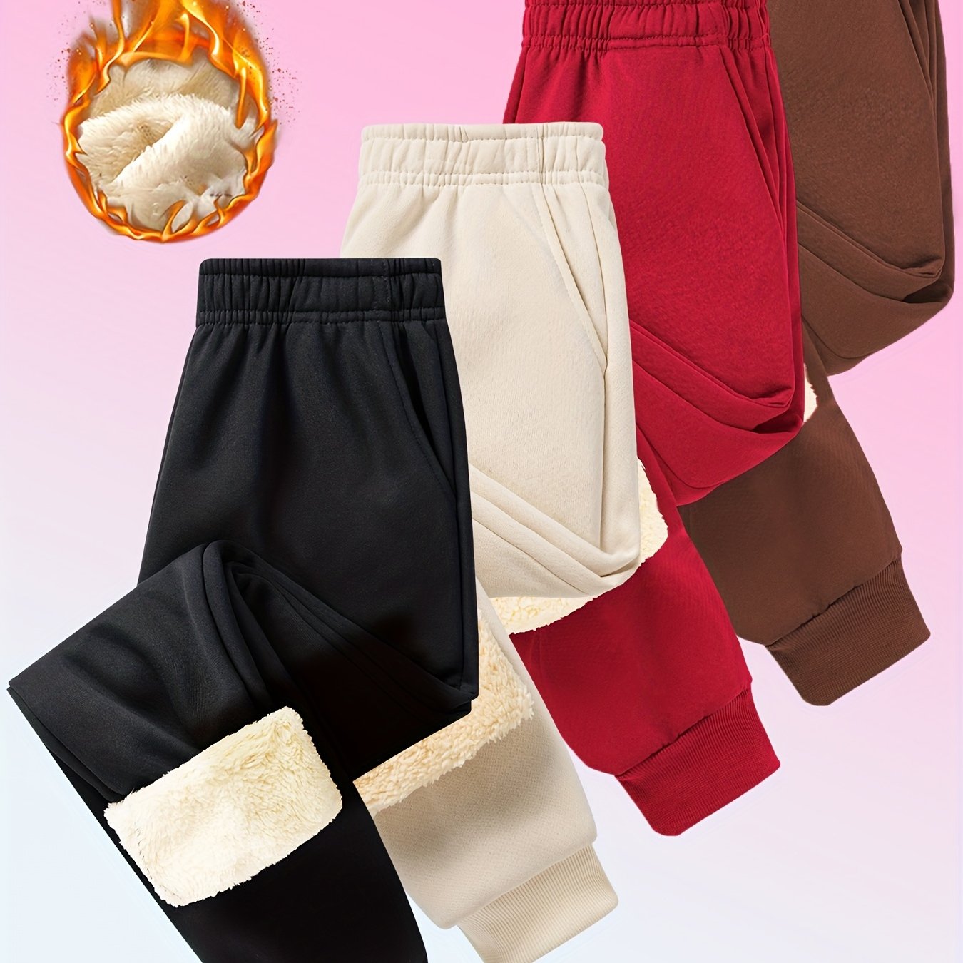 Girls' 4pcs Solid Color Cuffed Jogger Pants Set