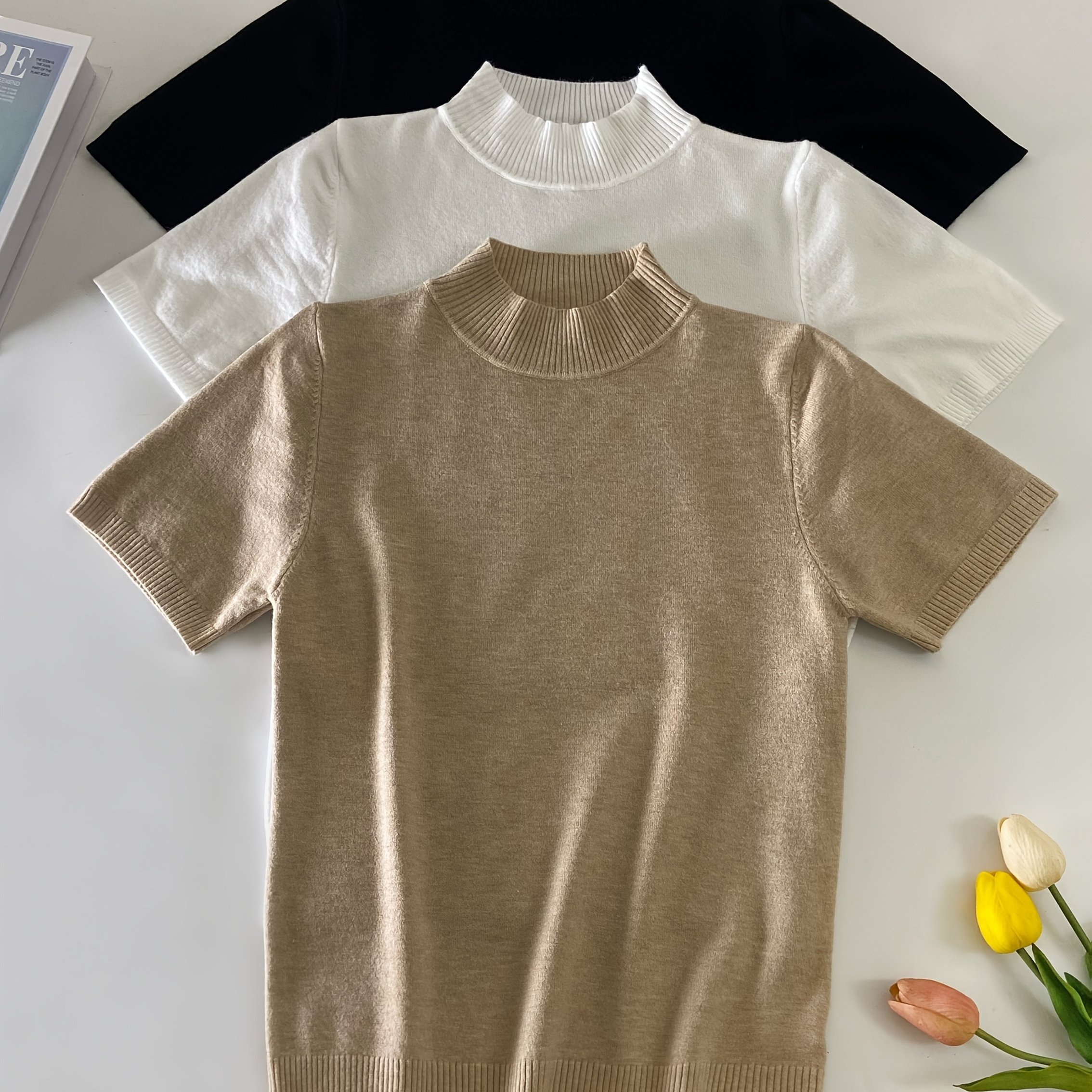 Spring Summer Versatile Round Neck Short Sleeve Sweater 3-