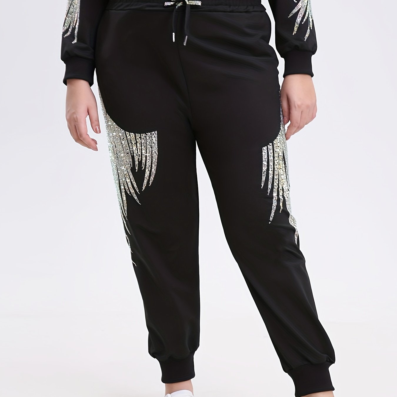 Casual High-waisted Joggers For Women Featuring Drawstrings, Rhinestones, And Pockets