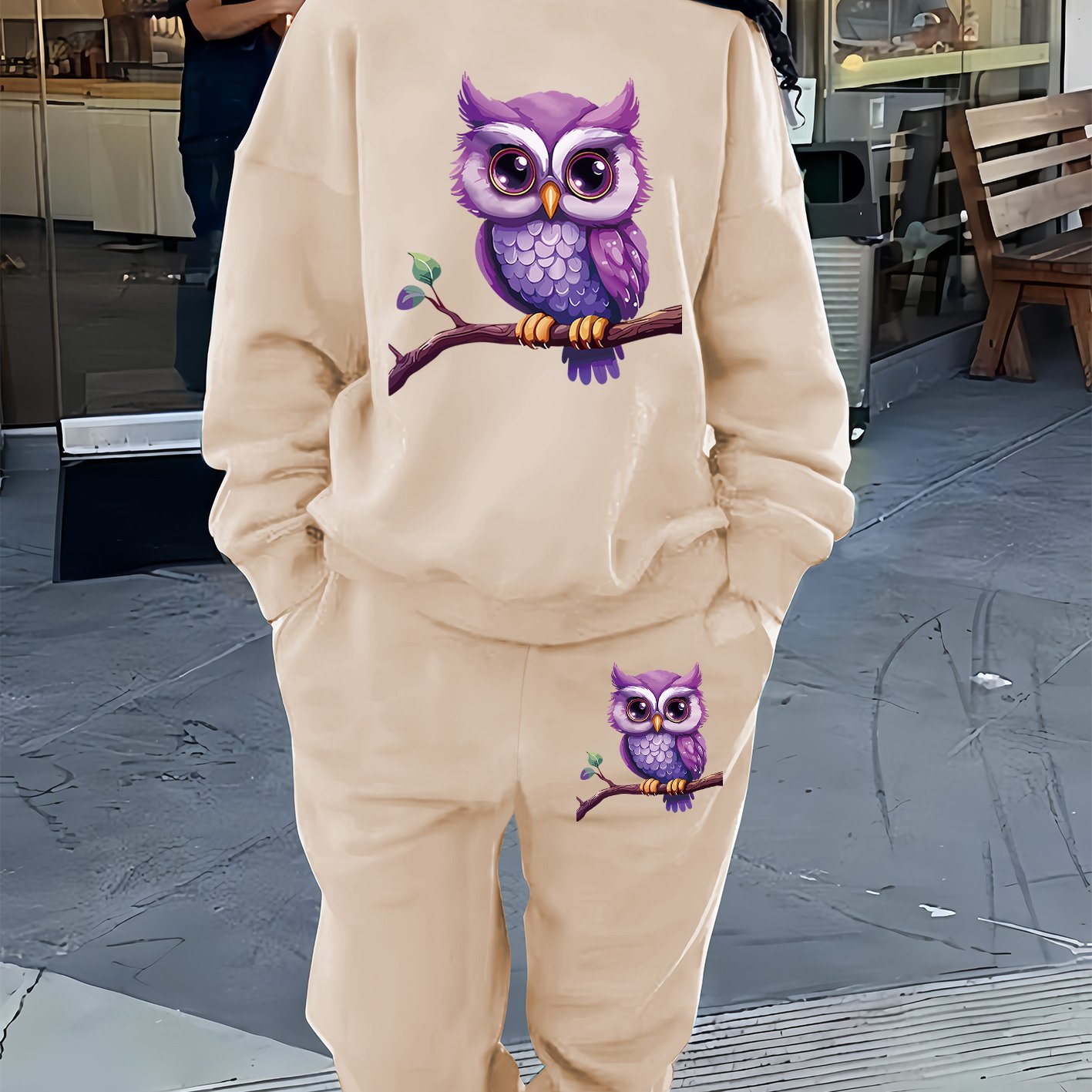 TEMU Women's Casual Two-piece Sweatshirt Set With Cute Owl Print - Pink Fleece Pullover & Matching Pants, Fall & Winter, Autumn Winter Wear | Print