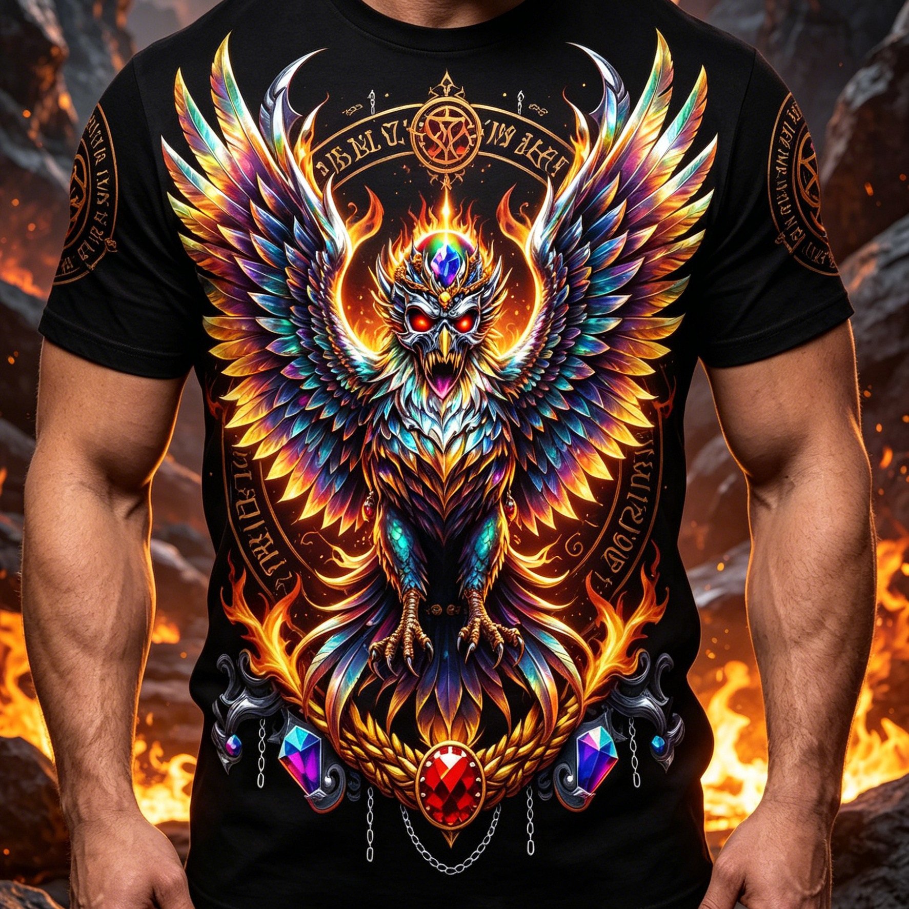TEMU [printed Design-not Textured] Men's Summer Black Background Colorful Mythical Bird Printed Short Sleeve, Comfortable Breathable Casual Top,