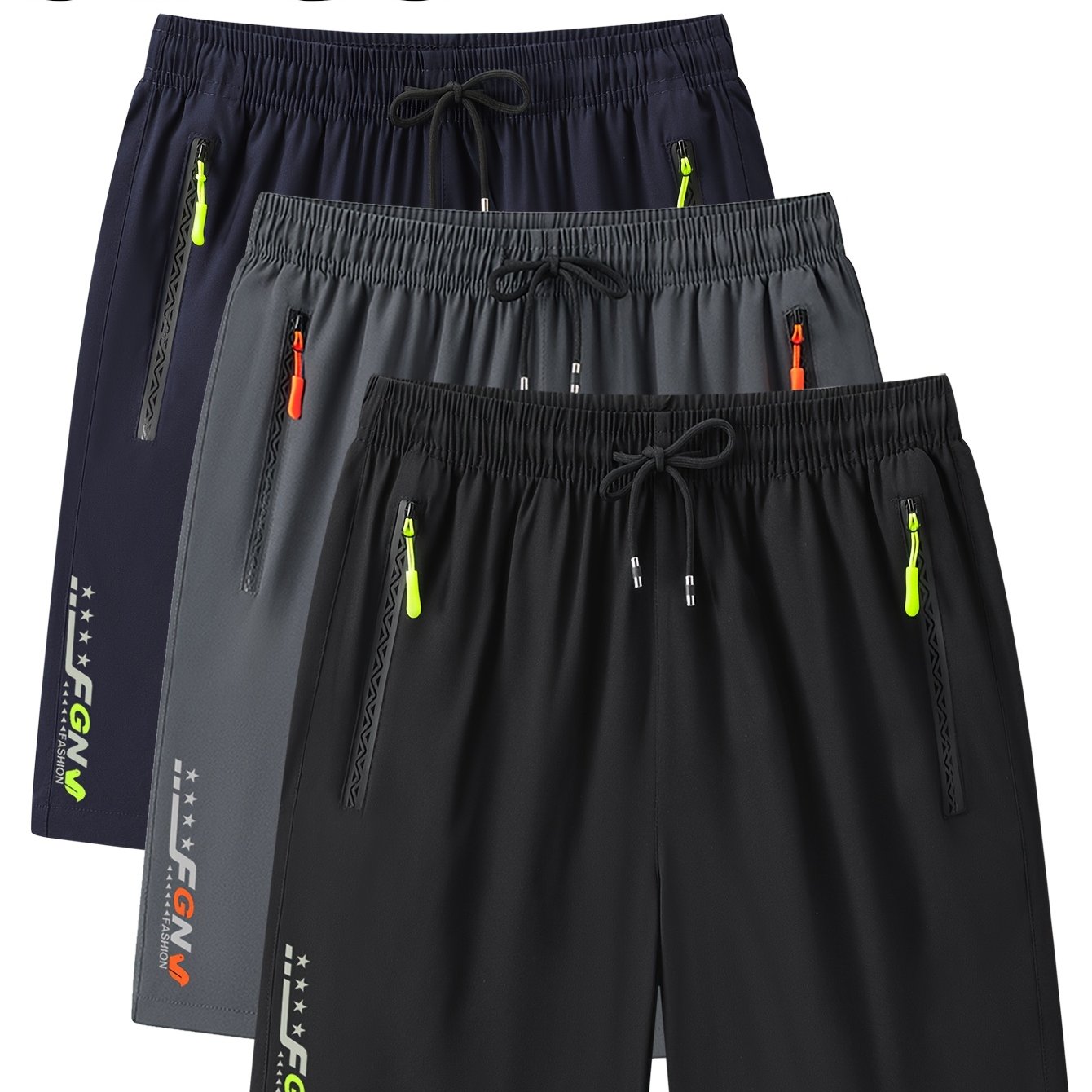 E-shop Herren Sportshorts Set mit 3 Stück (S-XXXL), schnelltrocknend, elastischer Bund, Reißverschlusstaschen, geeignet für Basketball und Freizeit,