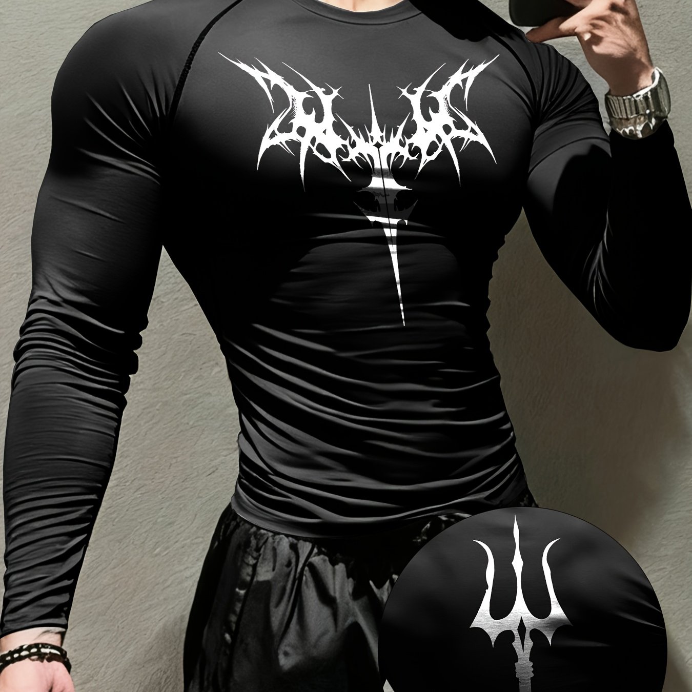 TEMU Men's Printed Long-sleeve Shirt With Symbol, Dark Abstract Gothic Style Logo, And Thorn Decorative Pattern. Stretchy, Form-fitting,