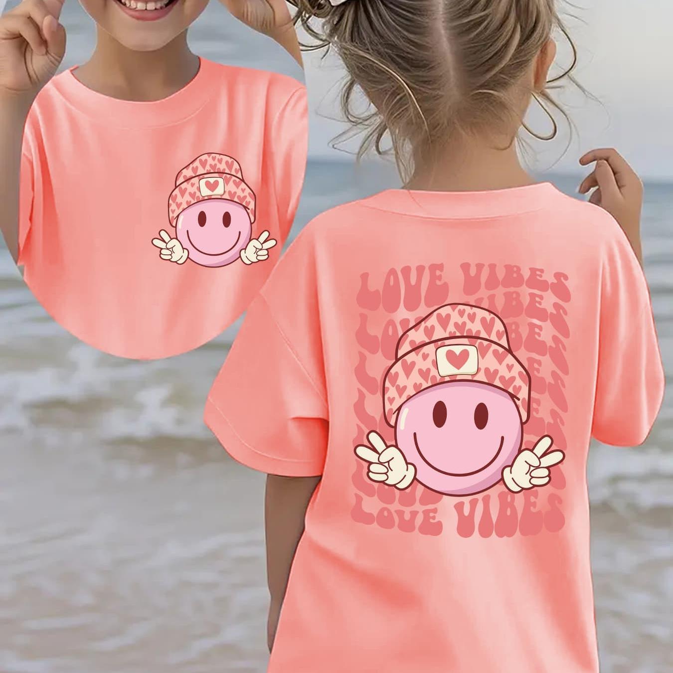 Image of Valentine's Day Summer Fashion Girls' Short-sleeve T-shirt "love Vibes" With Wearing A Heart-shaped Hat And A Peace Sign, Double-sided Print, Casual And Versatile Top Ny-dx7600