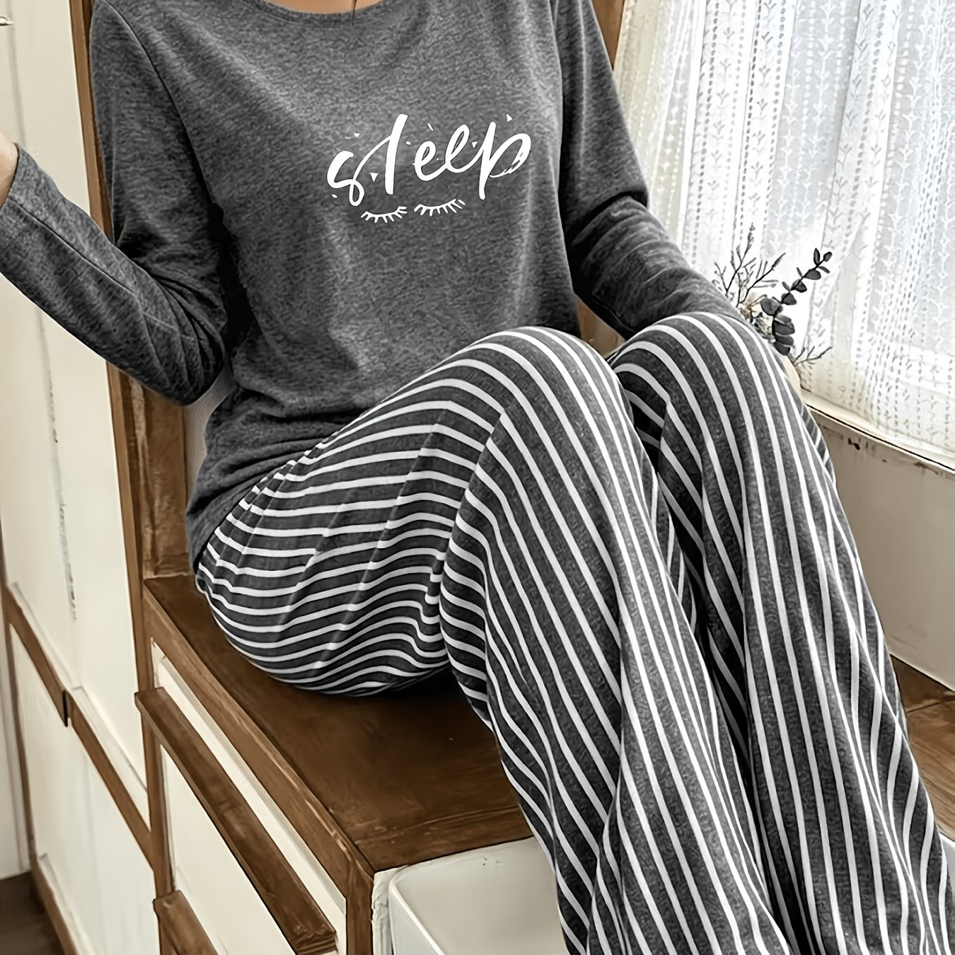 TEMU Women's 2pcs Pajama Loungewear Set, Casual Sleepwear Set, Comfortable Homewear Set, For Use, Loose Fit Round Neck Long Sleeve Top And Elastic